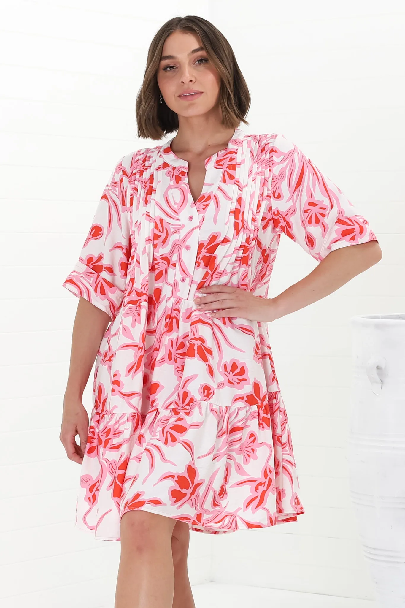 Evie Mini Dress - 3/4 Sleeve Tiered Smock Dress in Braley Print Pink sold by Salty Crush product image thumbnail 3