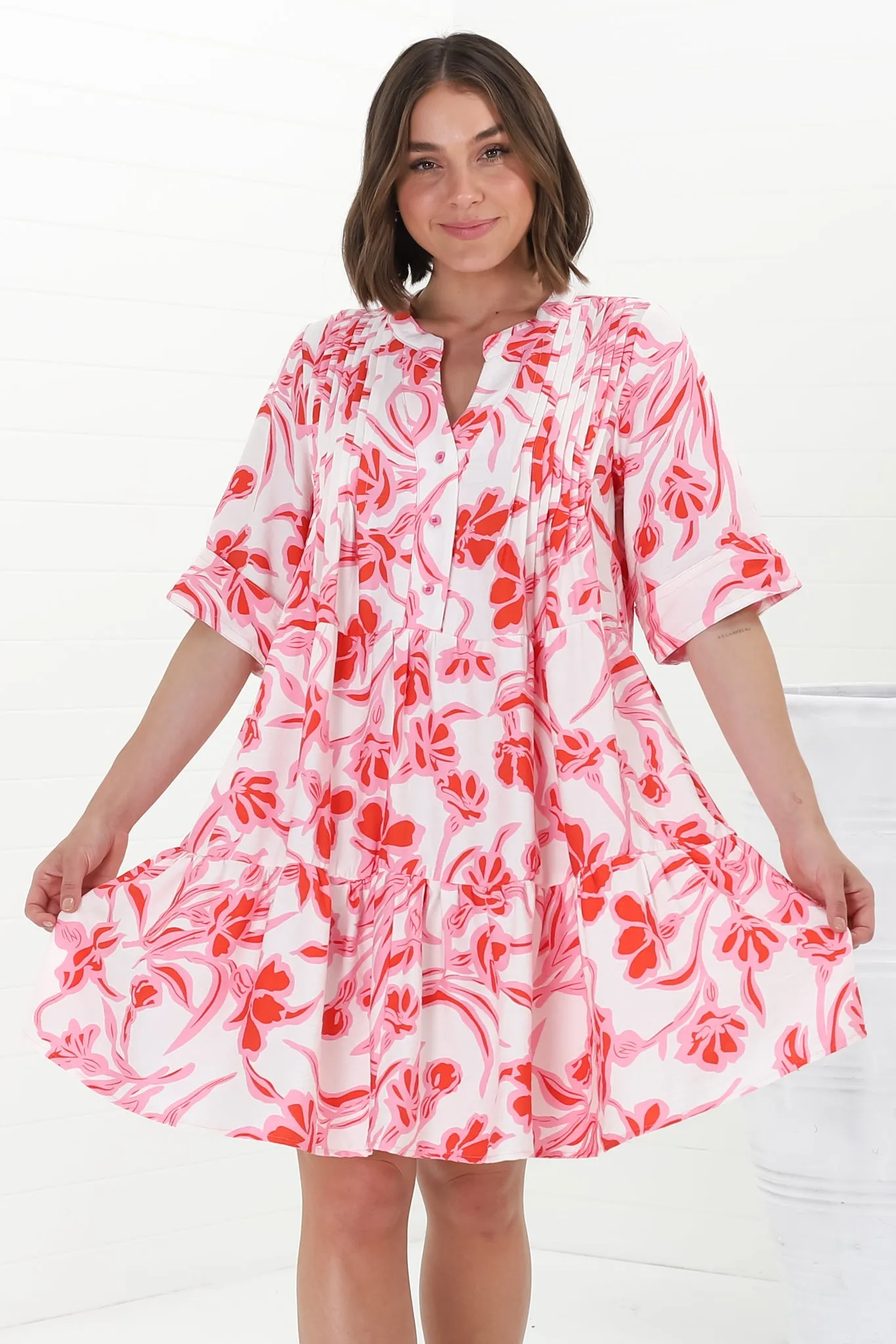 Evie Mini Dress - 3/4 Sleeve Tiered Smock Dress in Braley Print Pink sold by Salty Crush product image thumbnail 2