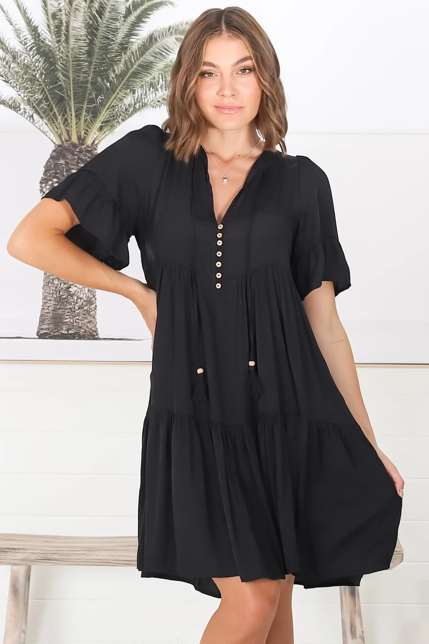 Lilou Mini Dress - Smock Mini Dress with V Neckline in Black sold by Salty Crush