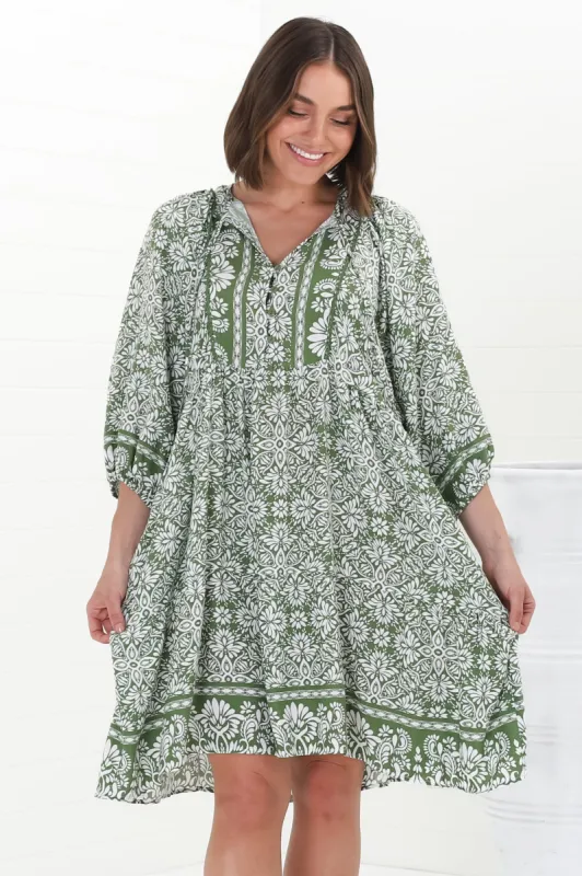 Juddy Mini Dress - Batwing Sleeve Smock Dress with Lace Detailing in Harley Print Green sold by Salty Crush
