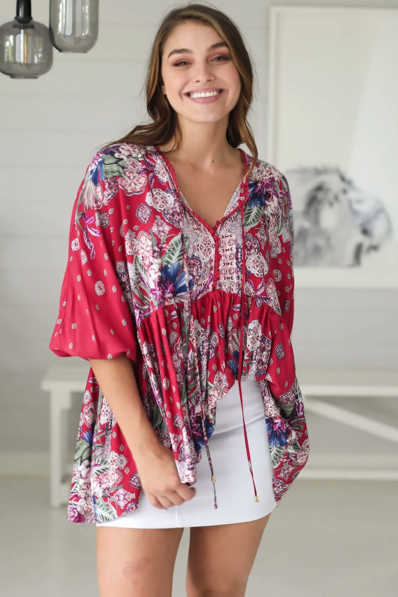 JAASE - Chloe Top: Very Oversized Crochet Trim Neckline Smock Top in Bravo Print sold by Salty Crush product image thumbnail 3