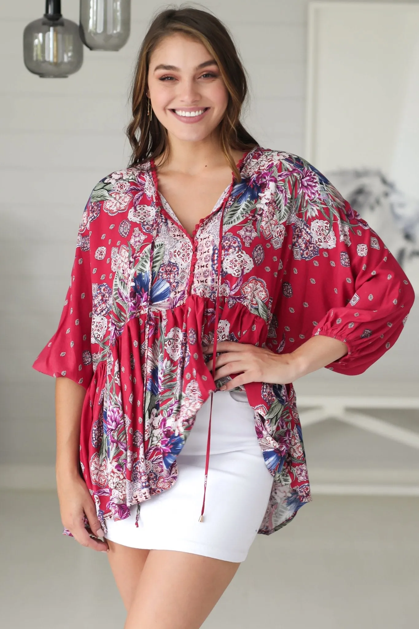 JAASE - Chloe Top: Very Oversized Crochet Trim Neckline Smock Top in Bravo Print sold by Salty Crush