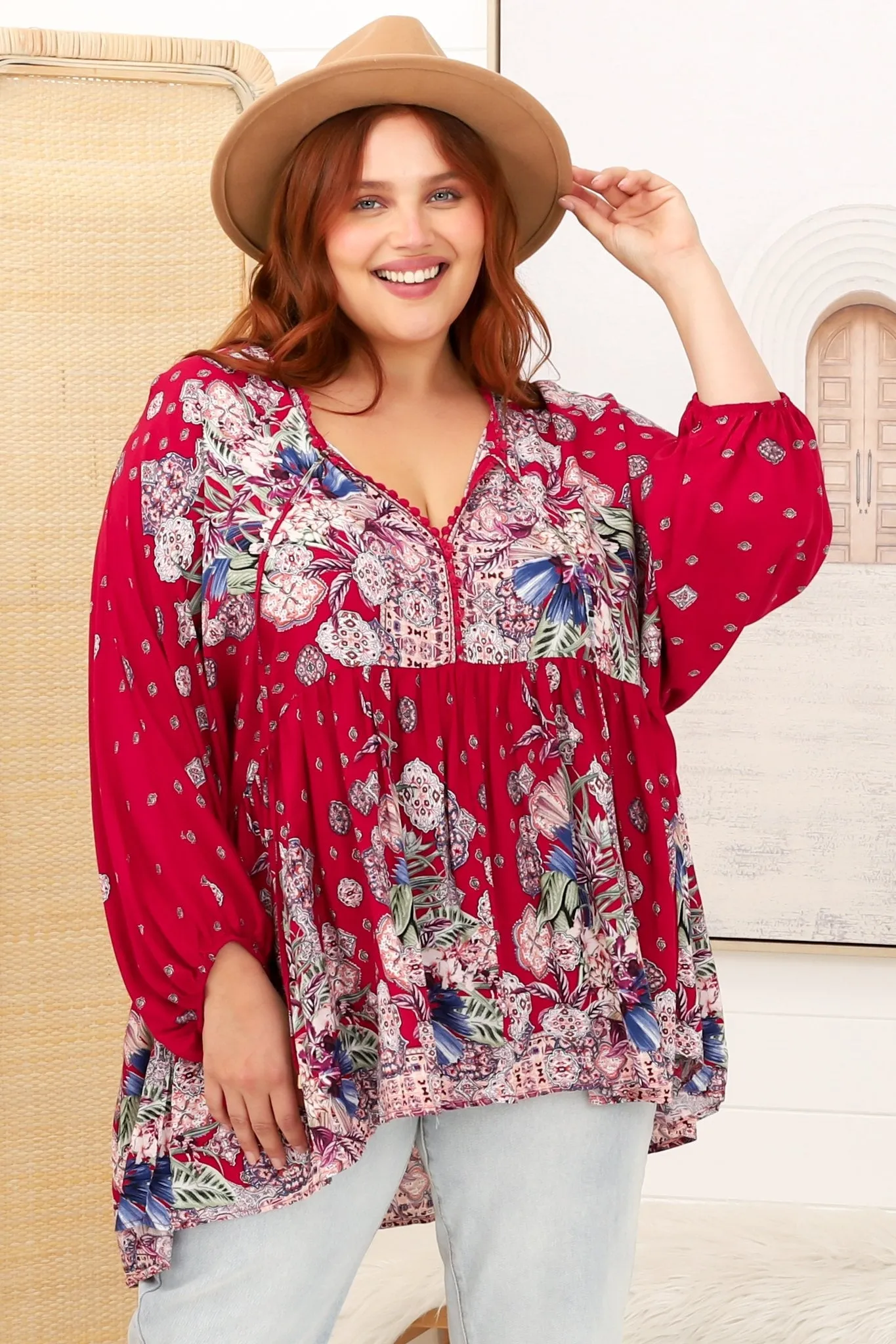 JAASE - Chloe Top: Very Oversized Crochet Trim Neckline Smock Top in Bravo Print sold by Salty Crush product image thumbnail 2