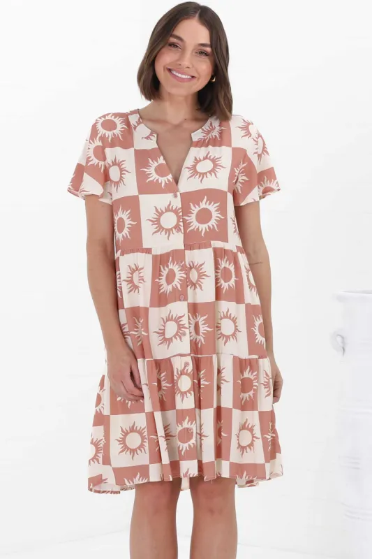 Wilma Mini Dress - Burmuda Collar Button Down Dress with Cap Sleeves in Sulane Print Terracota sold by Salty Crush