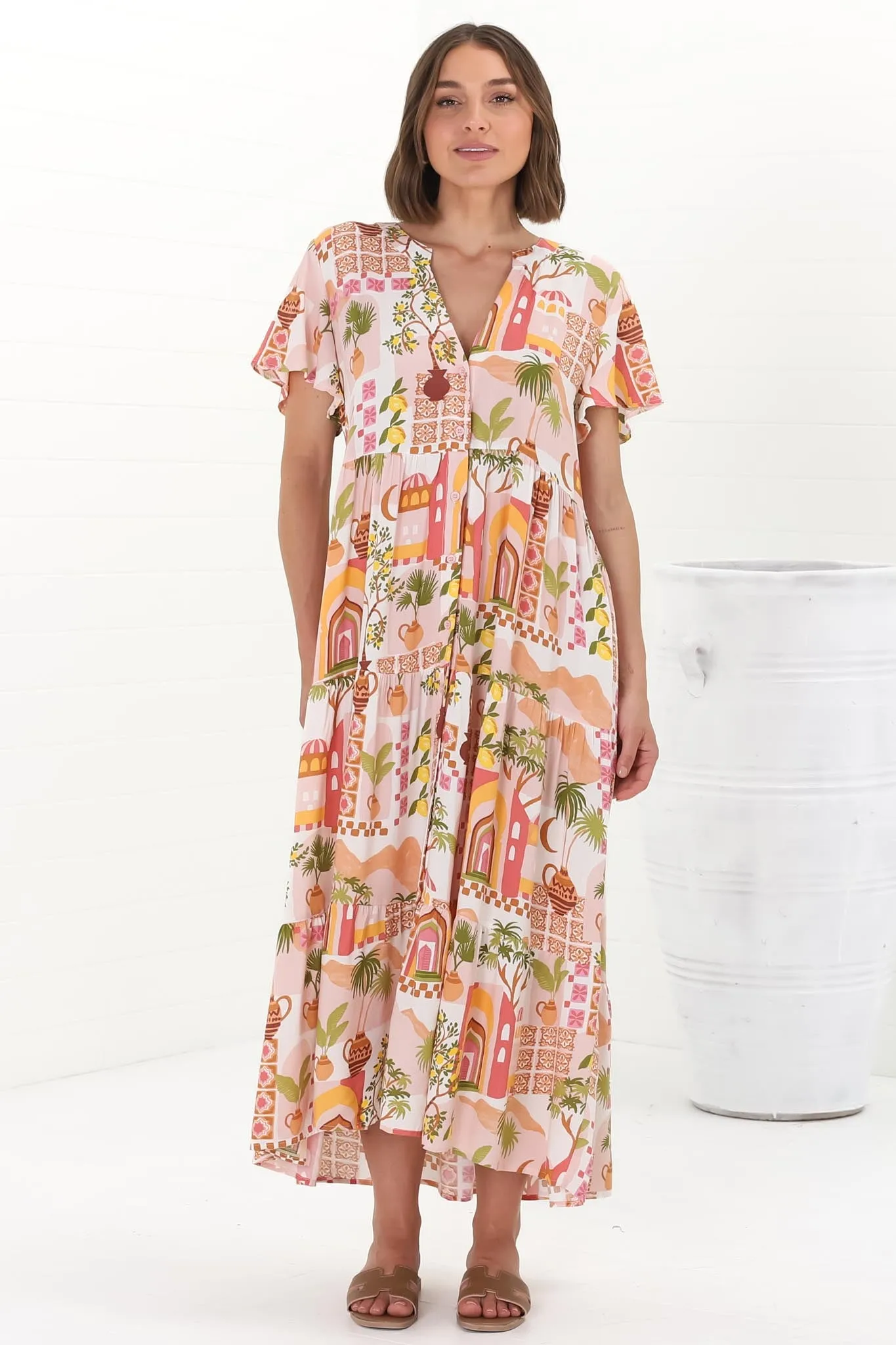 Milla Midi Dress - Bermuda Collar Button Down Short Sleeve Dress in Baroa Print sold by Salty Crush product image thumbnail 4