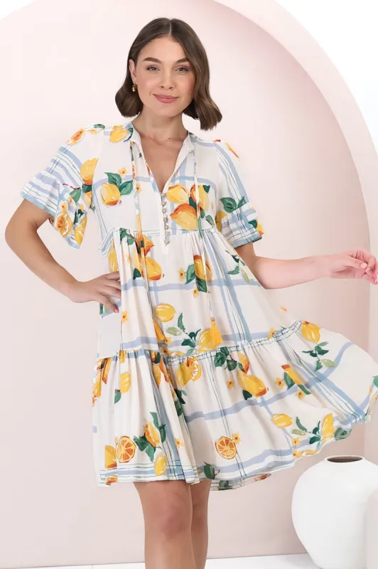 Lilou Mini Dress - Pull Over Dress With Buttoned Bodice in San Vitto Print sold by Salty Crush