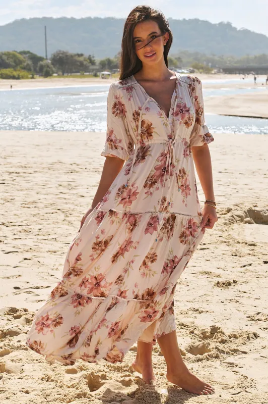JAASE - Mariana Maxi Dress: V Neck Pull Tie Waist Tiered Dress in Love Story Print sold by Salty Crush
