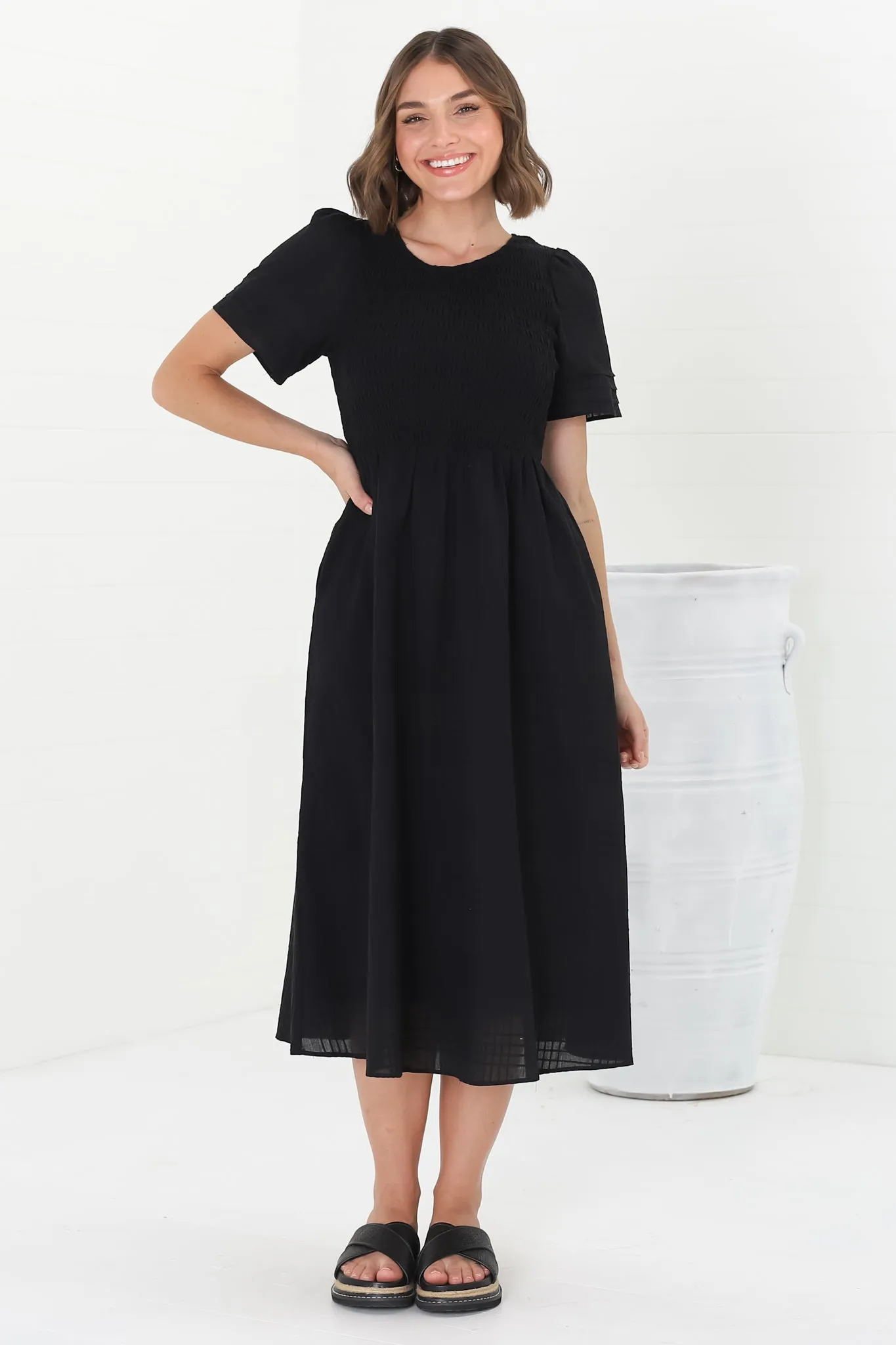 Zoya Midi Dress - Crew Neck Textured A-Line Dress with Short Sleeves in Black sold by Salty Crush product image thumbnail 5
