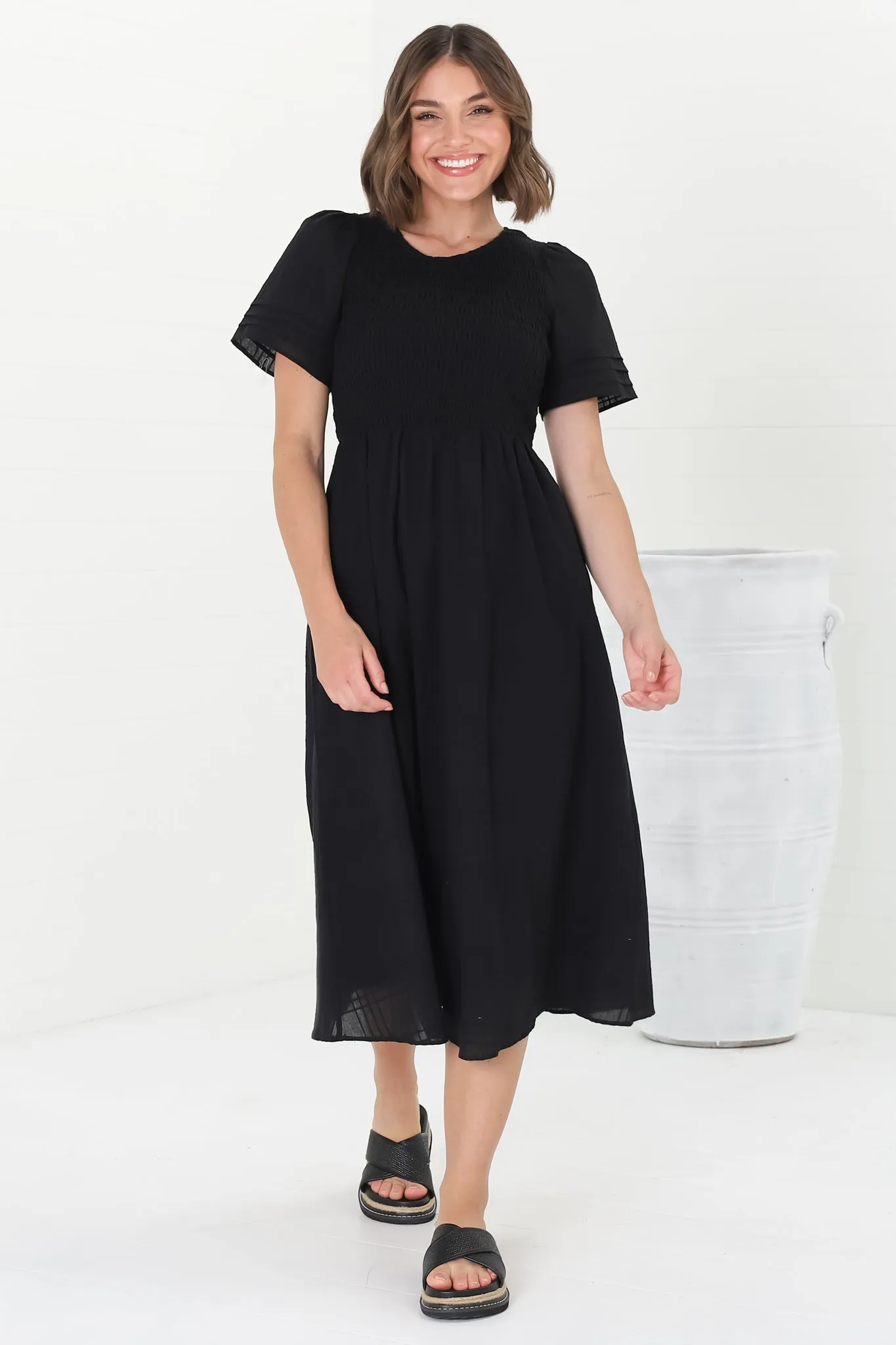 Zoya Midi Dress - Crew Neck Textured A-Line Dress with Short Sleeves in Black sold by Salty Crush product image thumbnail 3