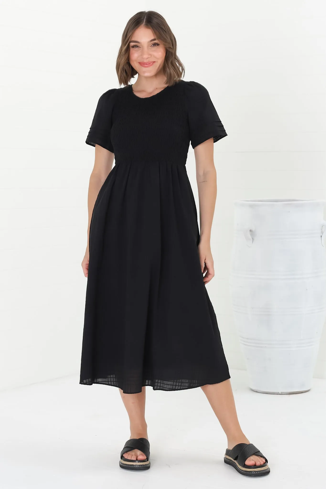 Zoya Midi Dress - Crew Neck Textured A-Line Dress with Short Sleeves in Black sold by Salty Crush
