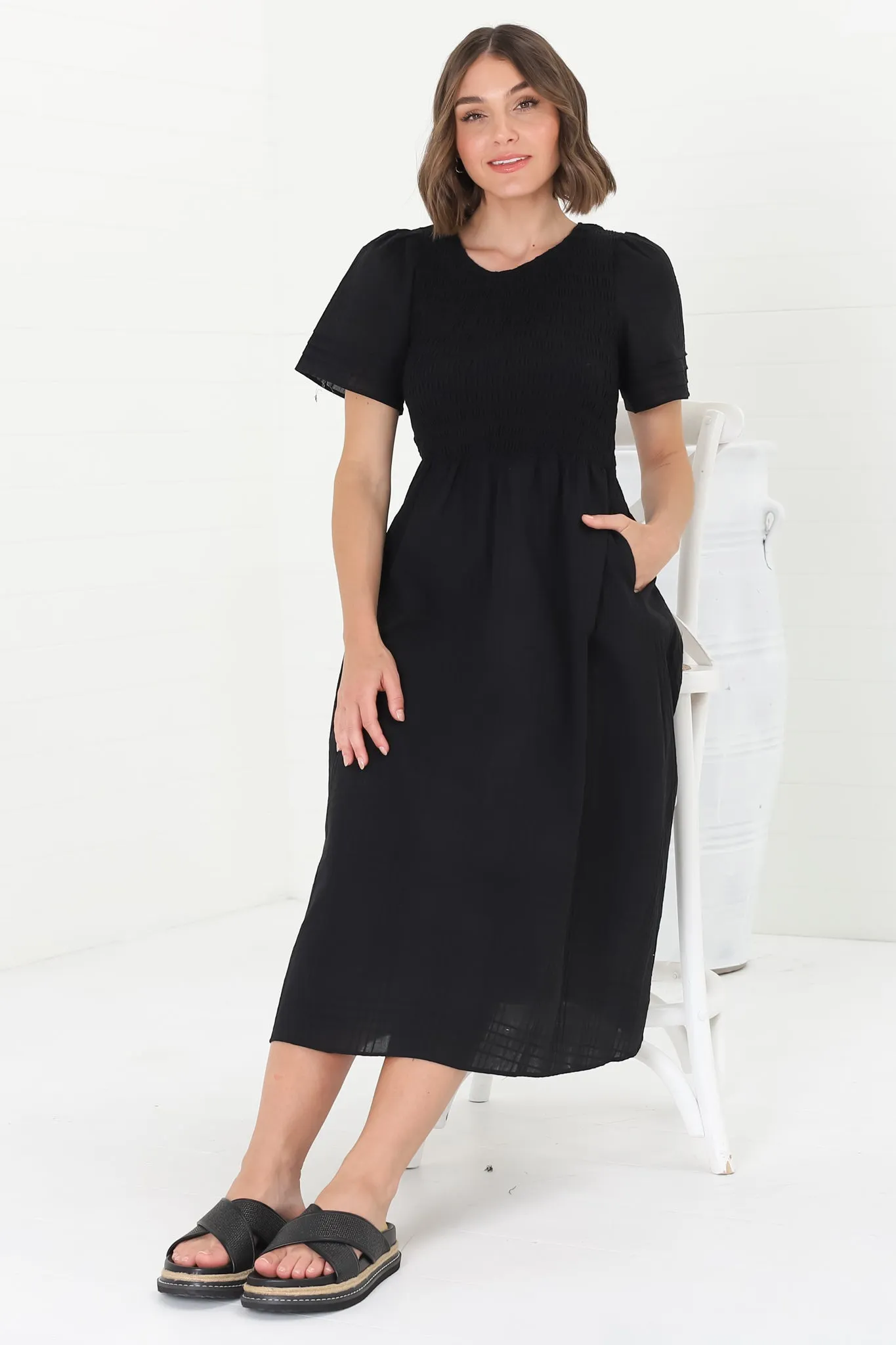 Zoya Midi Dress - Crew Neck Textured A-Line Dress with Short Sleeves in Black sold by Salty Crush product image thumbnail 2