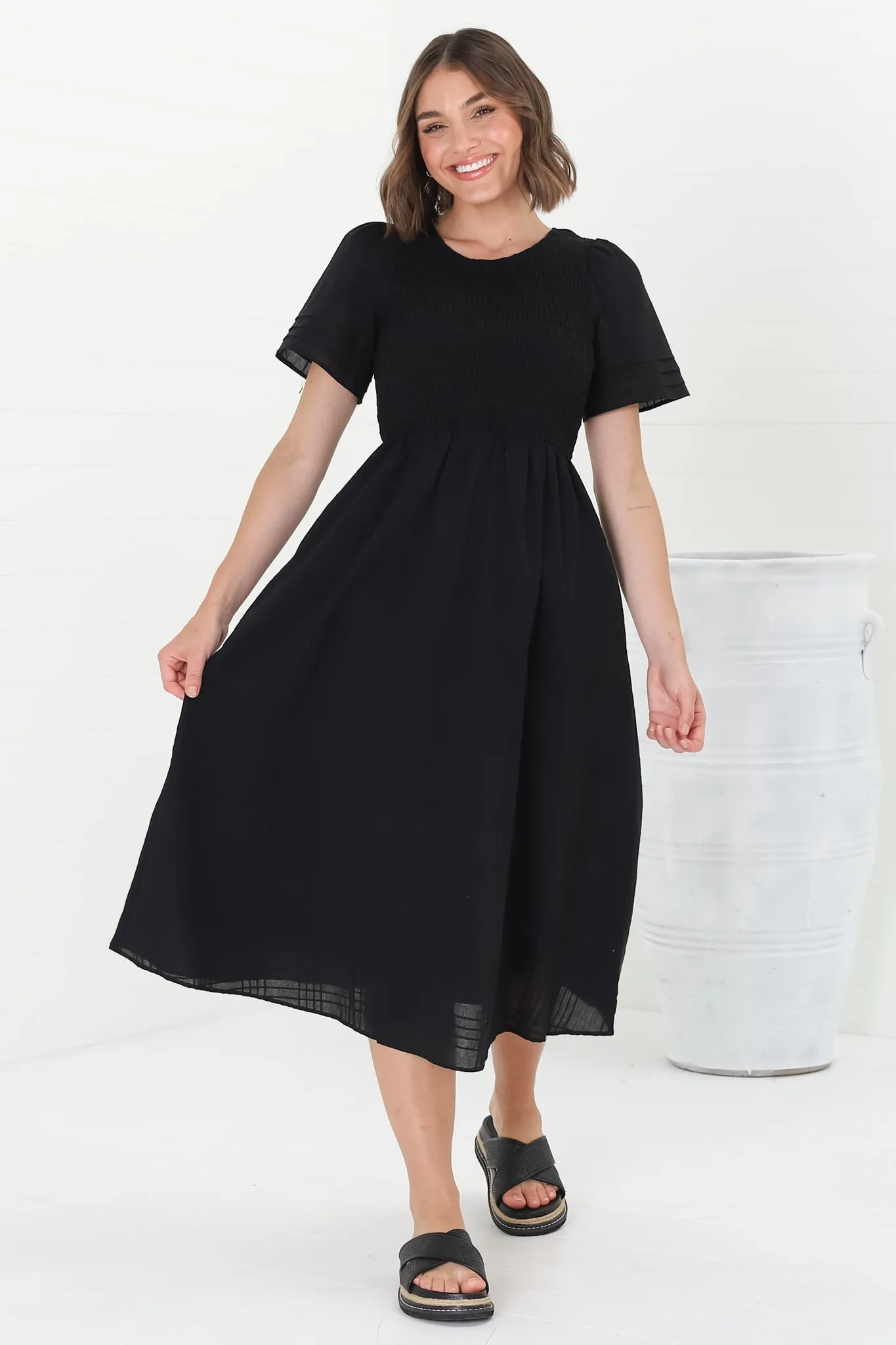 Zoya Midi Dress - Crew Neck Textured A-Line Dress with Short Sleeves in Black sold by Salty Crush product image thumbnail 4