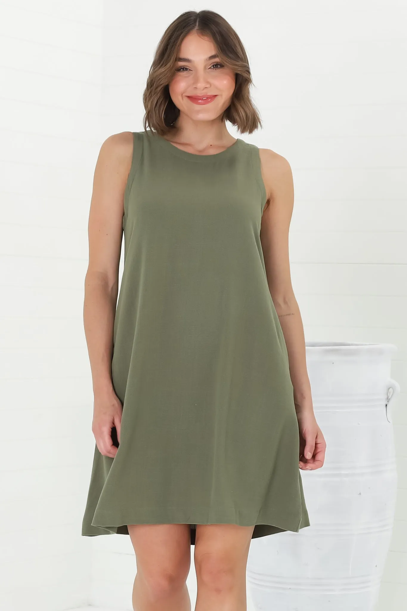 Marcelly Mini Dress - Sleeveless Linen Blend Shift Dress in Green sold by Salty Crush product image thumbnail 3