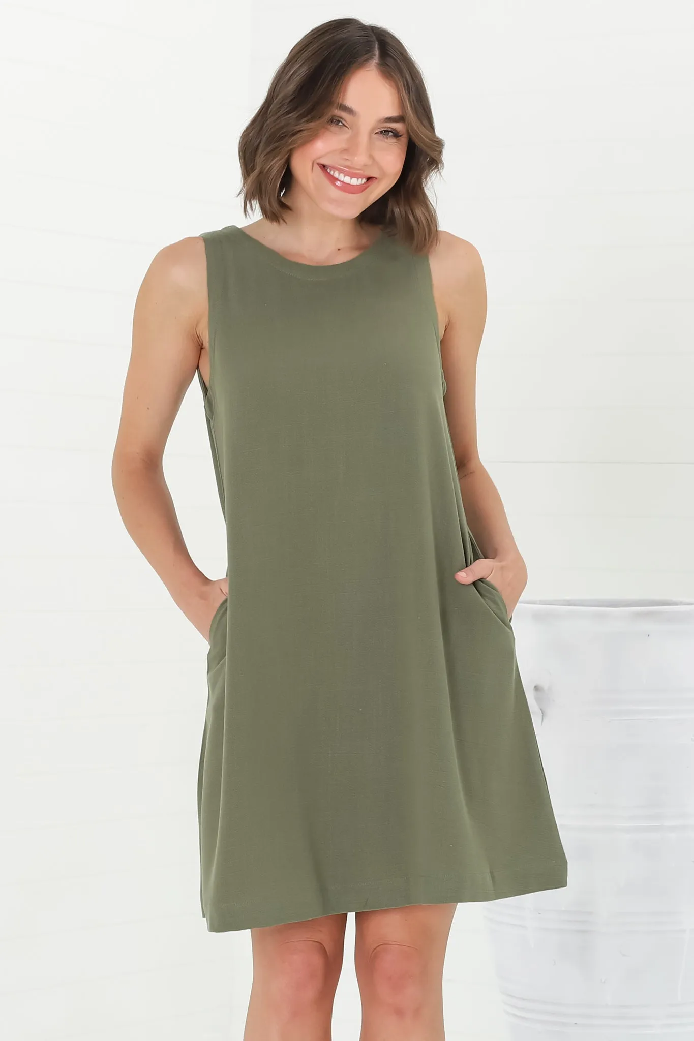 Marcelly Mini Dress - Sleeveless Linen Blend Shift Dress in Green sold by Salty Crush product image thumbnail 5
