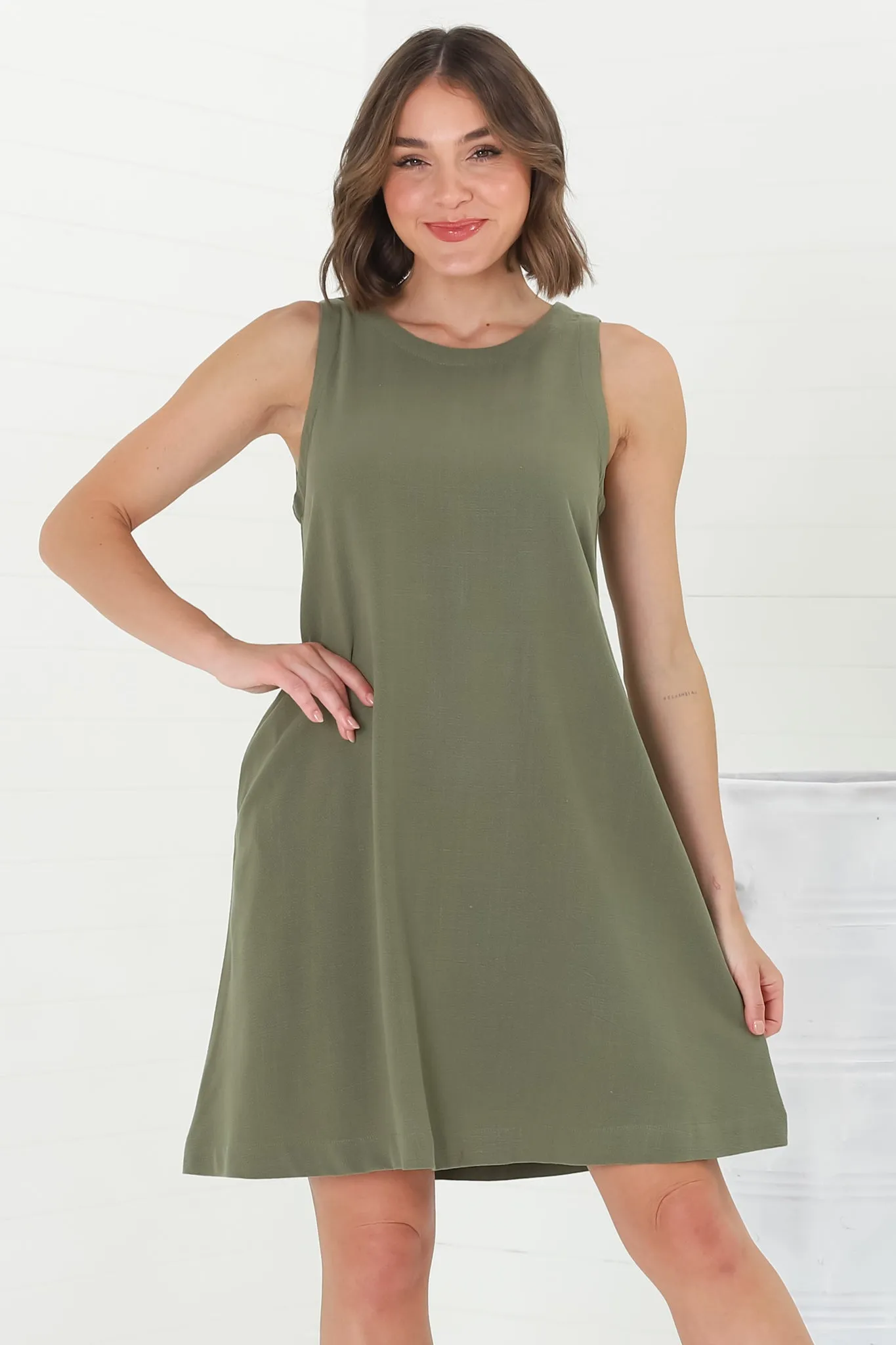 Marcelly Mini Dress - Sleeveless Linen Blend Shift Dress in Green sold by Salty Crush product image thumbnail 4