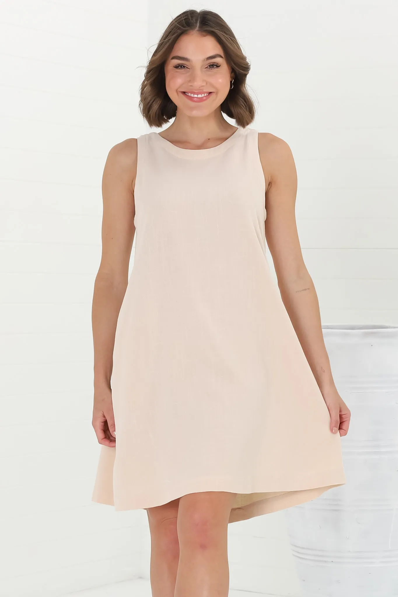 Marcelly Mini Dress - Sleeveless Linen Blend Shift Dress in Cream sold by Salty Crush product image thumbnail 4