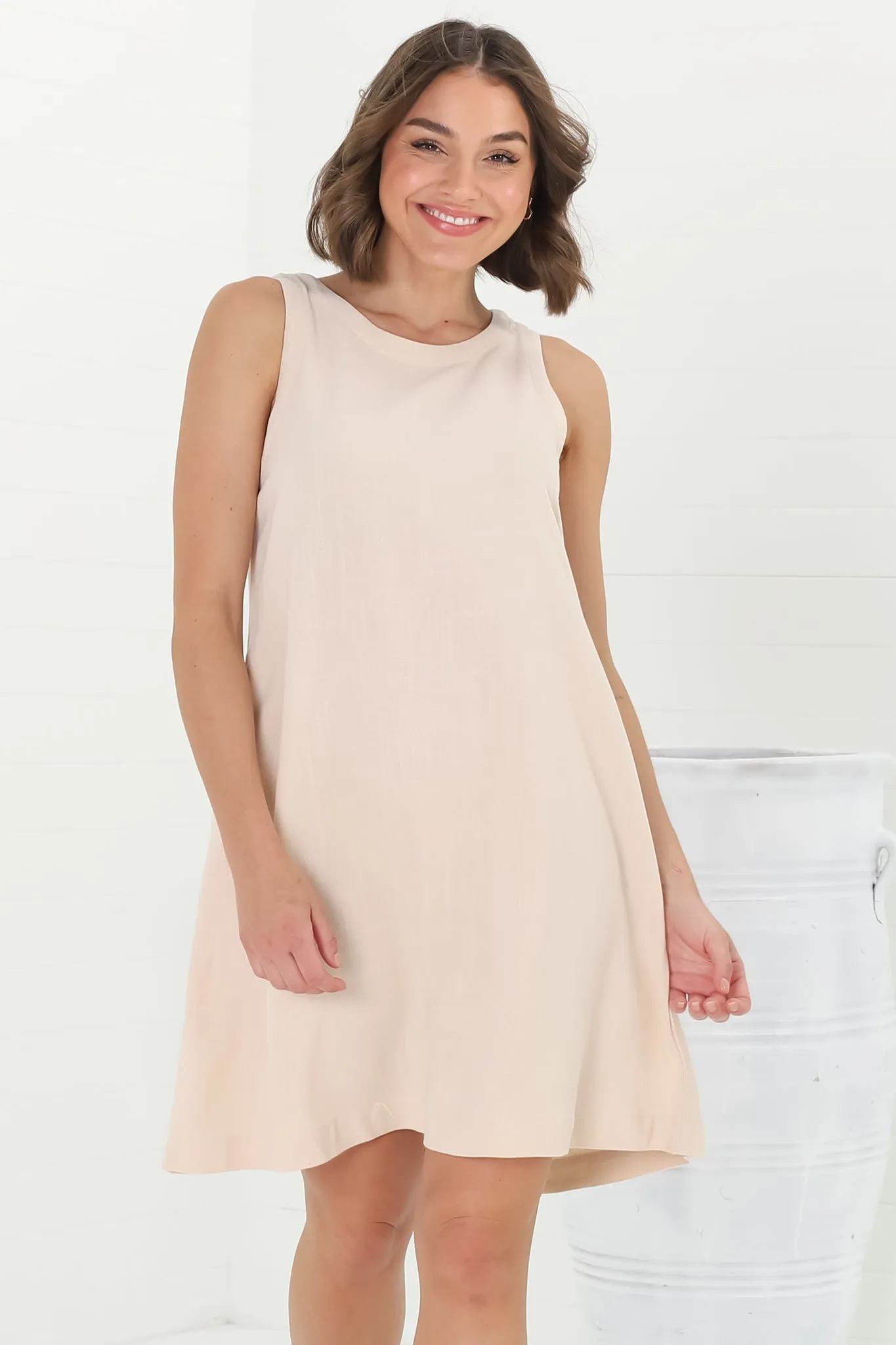 Marcelly Mini Dress - Sleeveless Linen Blend Shift Dress in Cream sold by Salty Crush product image thumbnail 2