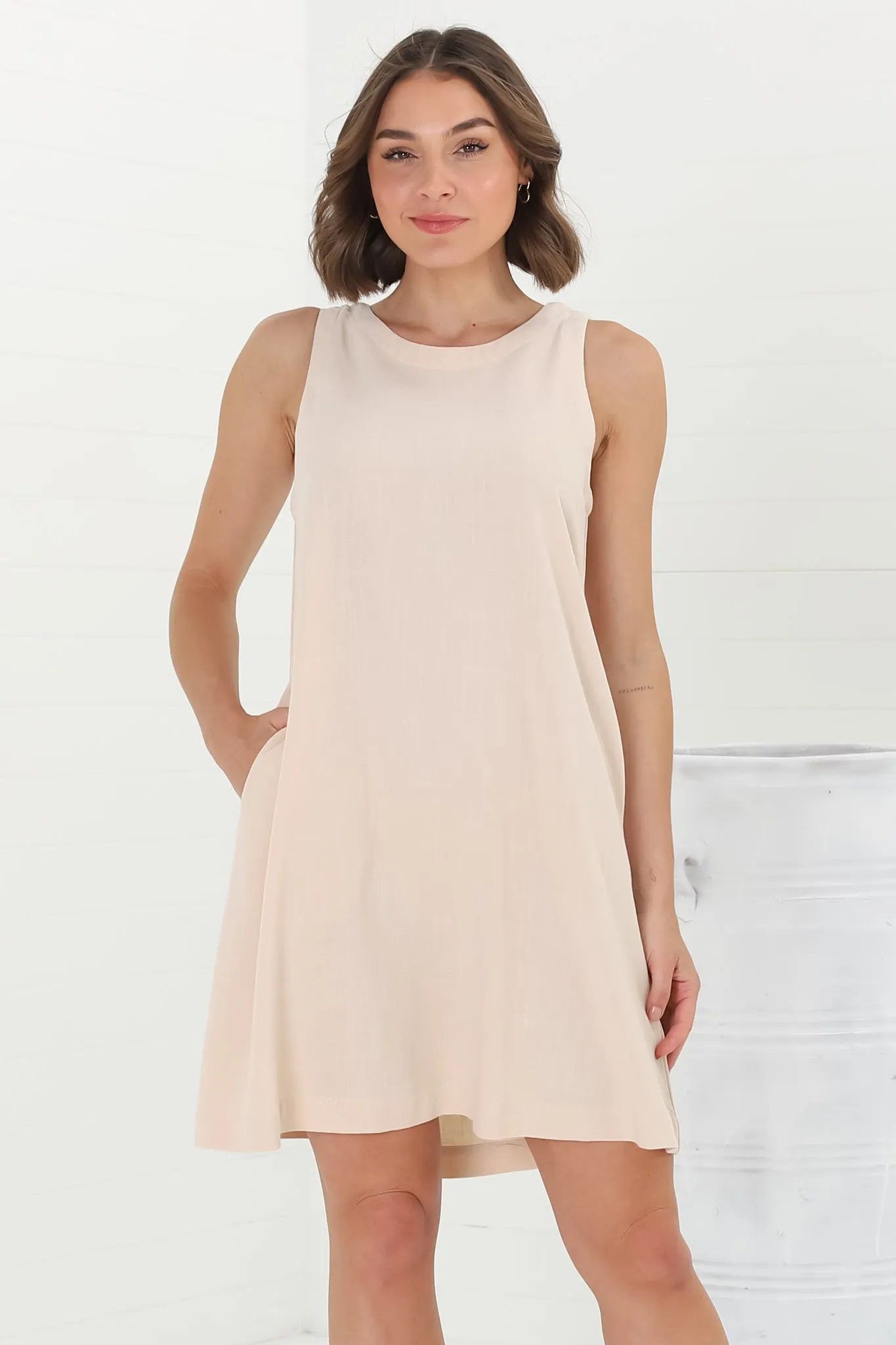 Marcelly Mini Dress - Sleeveless Linen Blend Shift Dress in Cream sold by Salty Crush