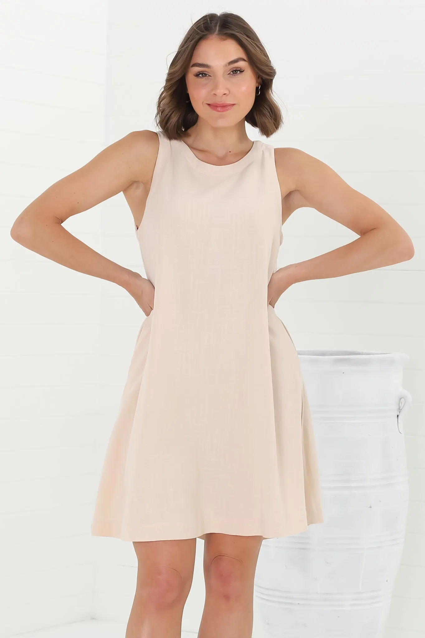 Marcelly Mini Dress - Sleeveless Linen Blend Shift Dress in Cream sold by Salty Crush product image thumbnail 5