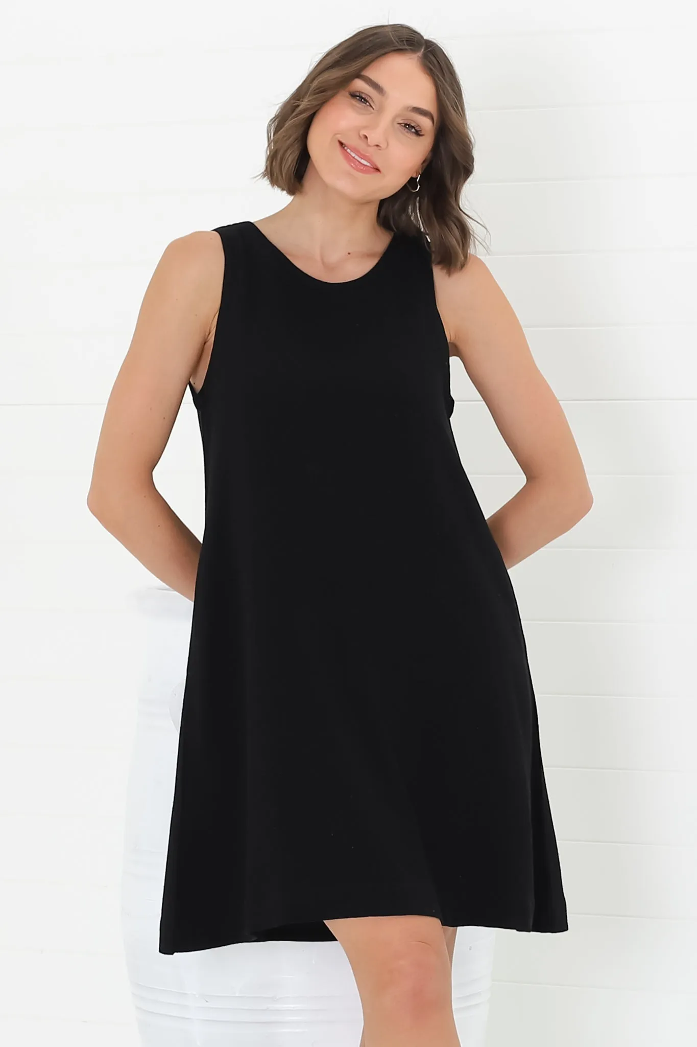 Marcelly Mini Dress - Sleeveless Linen Blend Shift Dress in Black sold by Salty Crush