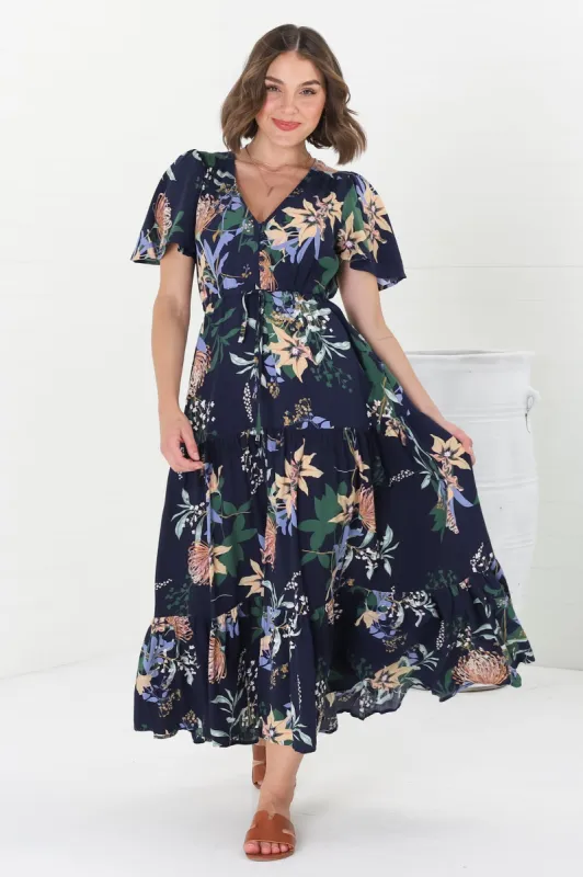Adhira Maxi Dress - Buttoned Bodice A-Line Dress with Flute Sleeves in Raven Print Navy sold by Salty Crush