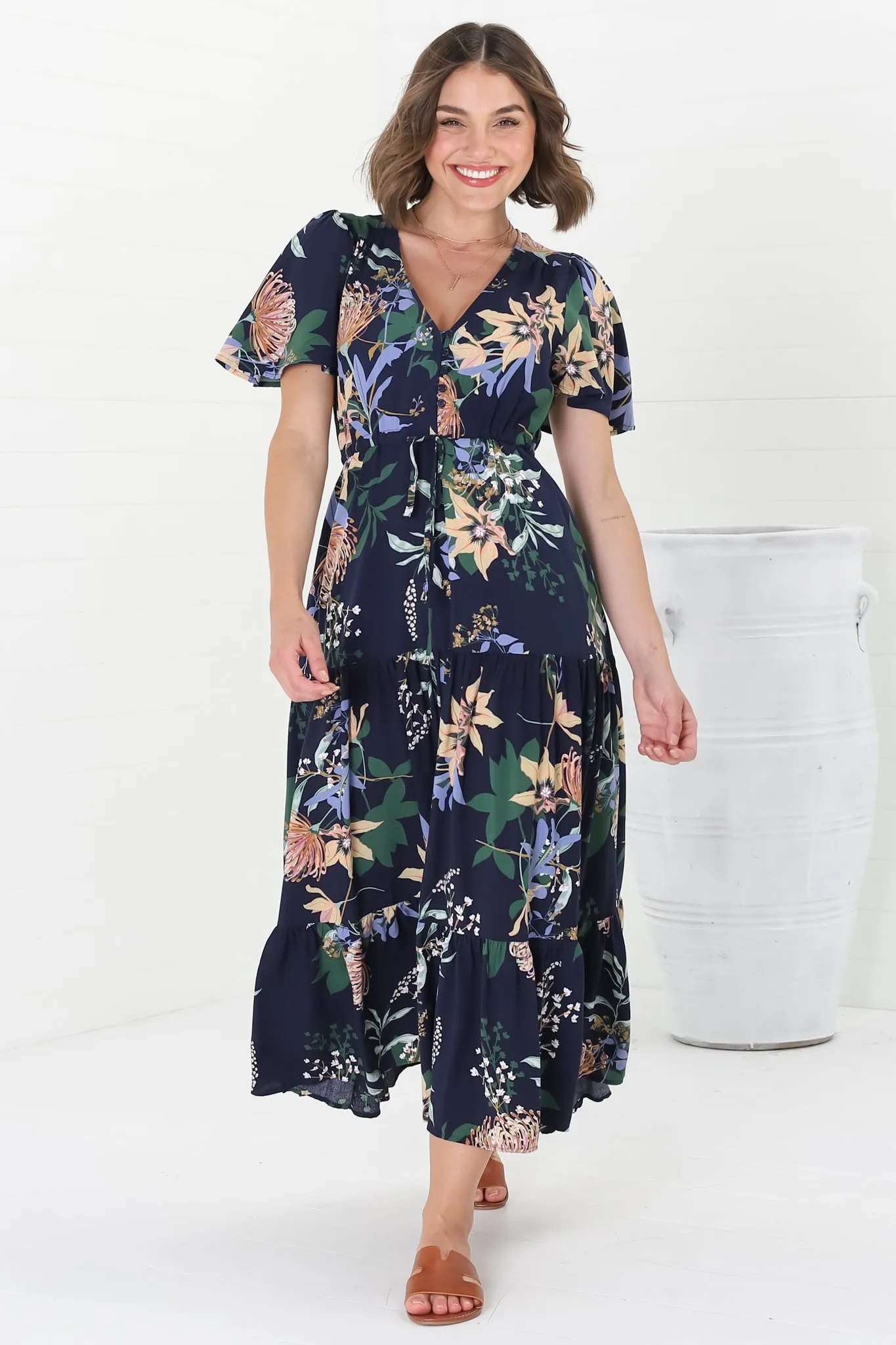 Adhira Maxi Dress - Buttoned Bodice A-Line Dress with Flute Sleeves in Raven Print Navy sold by Salty Crush product image thumbnail 2