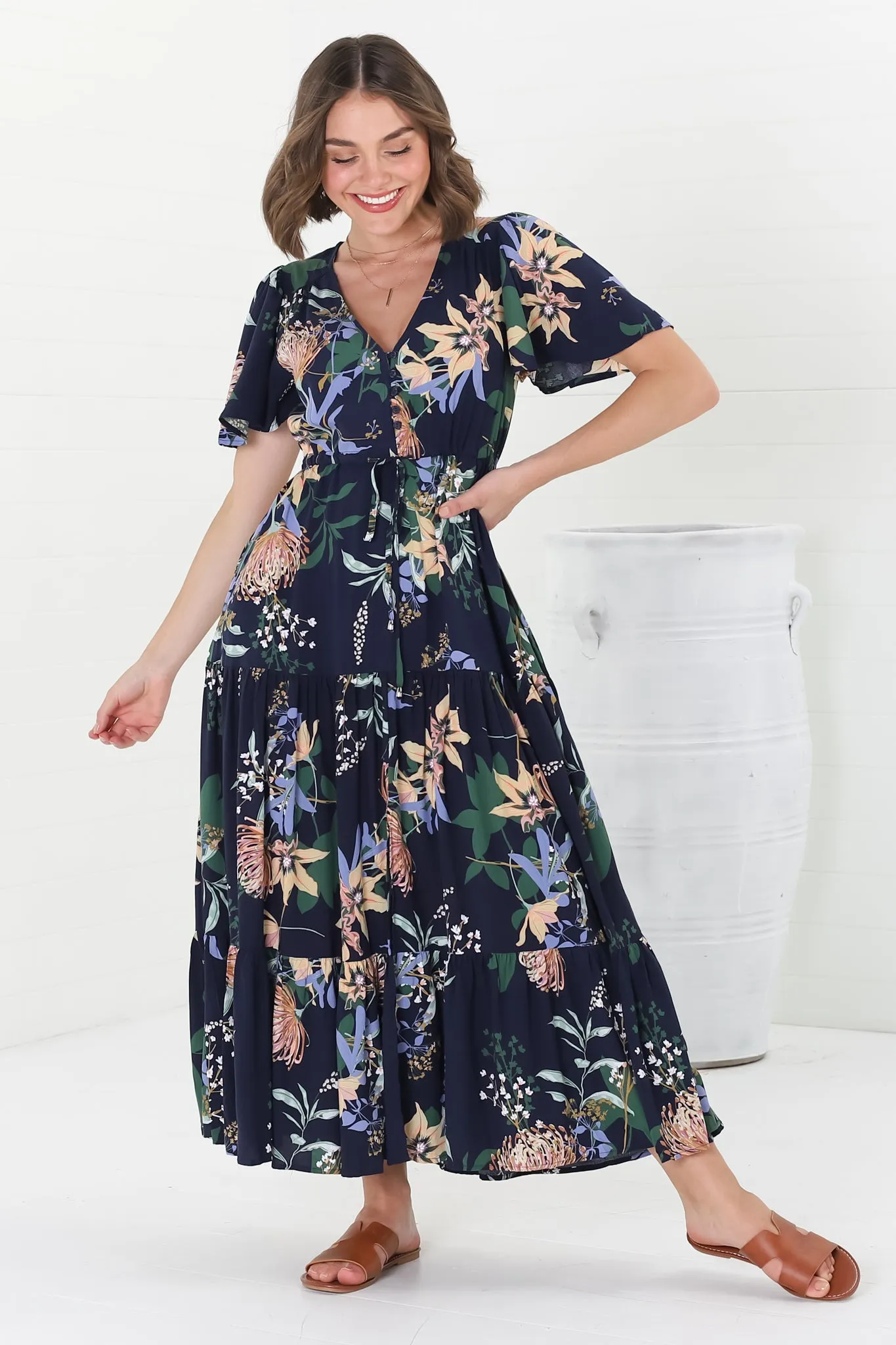 Adhira Maxi Dress - Buttoned Bodice A-Line Dress with Flute Sleeves in Raven Print Navy sold by Salty Crush product image thumbnail 3