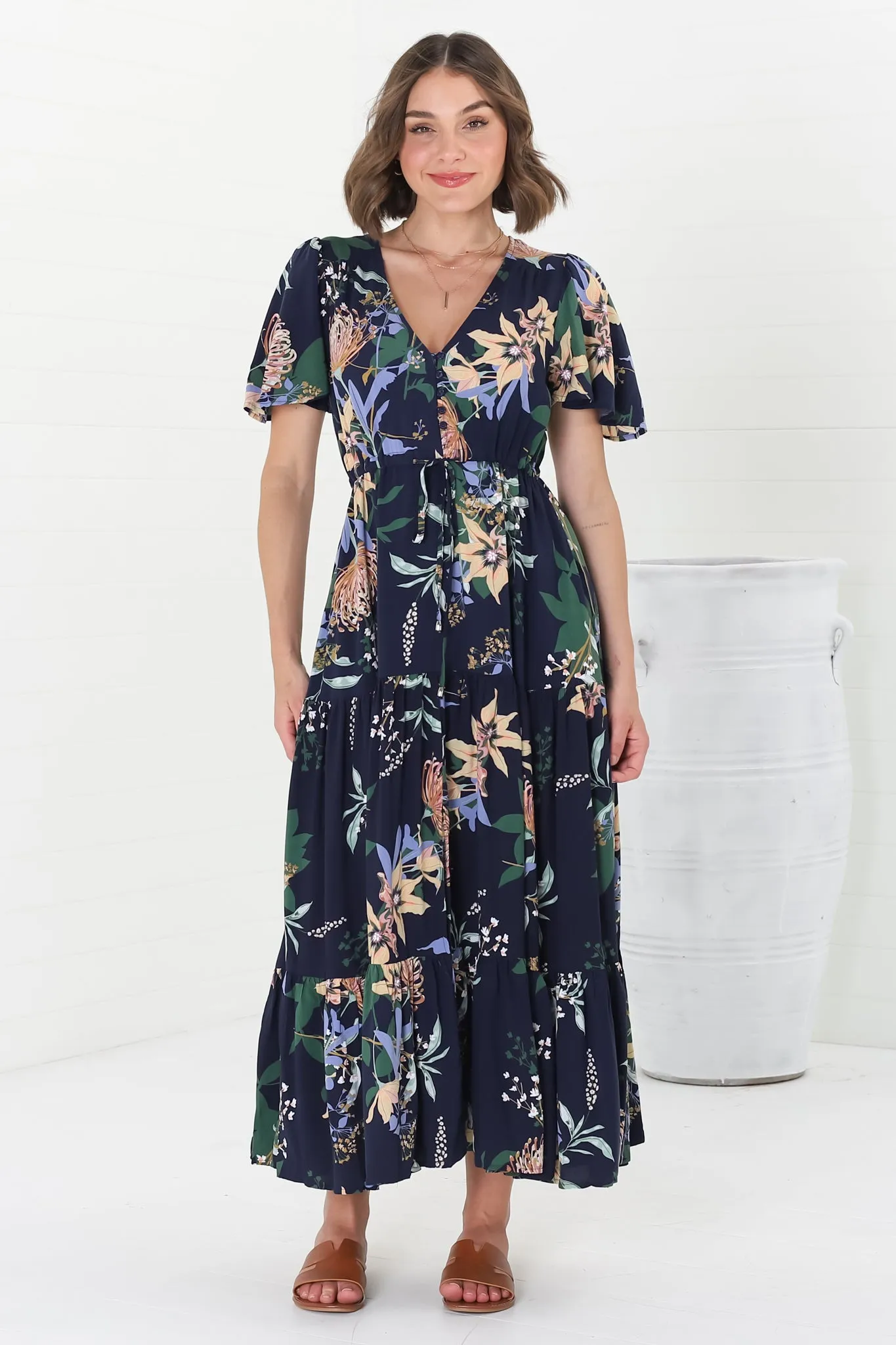 Adhira Maxi Dress - Buttoned Bodice A-Line Dress with Flute Sleeves in Raven Print Navy sold by Salty Crush product image thumbnail 4