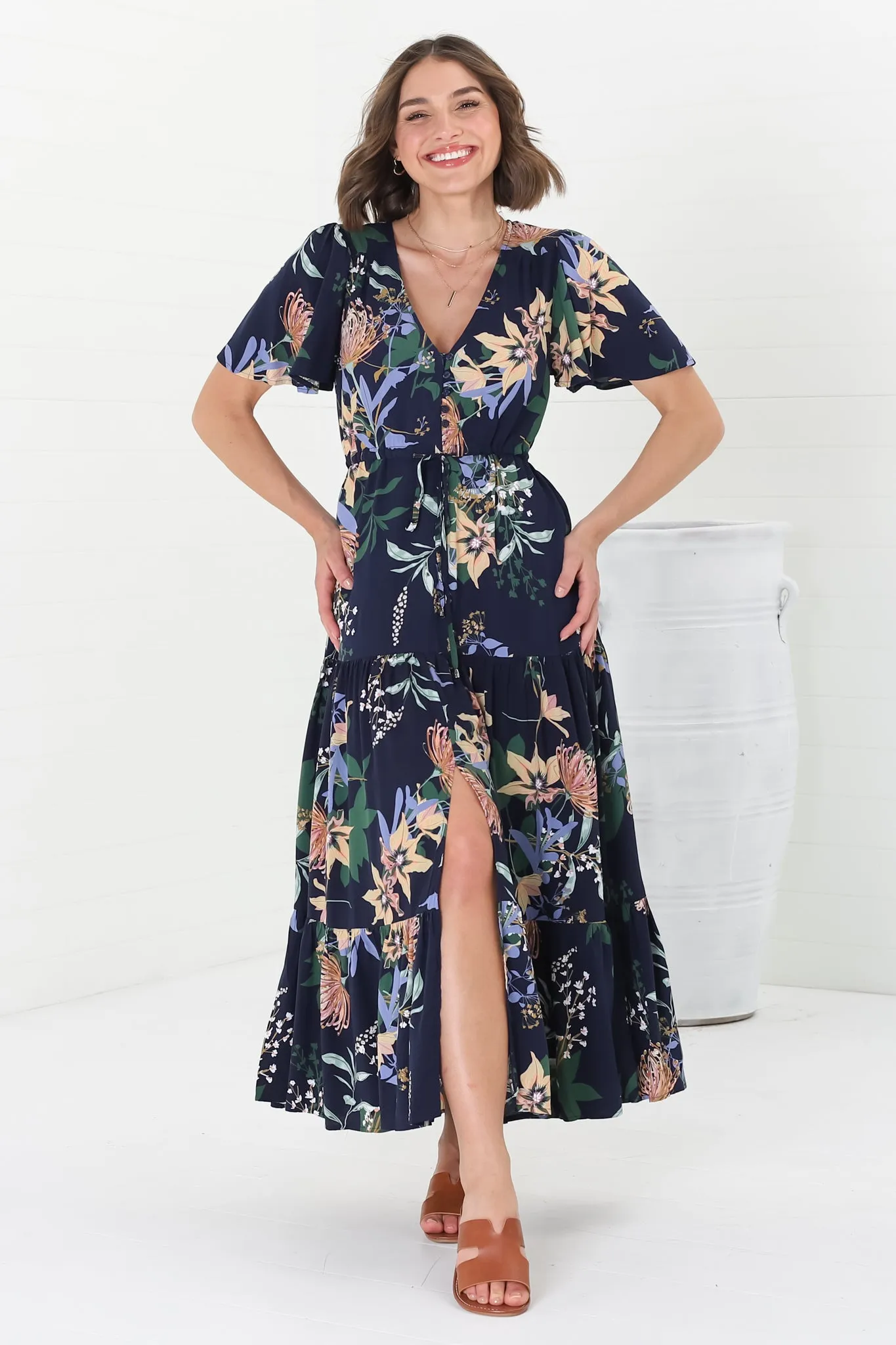 Adhira Maxi Dress - Buttoned Bodice A-Line Dress with Flute Sleeves in Raven Print Navy sold by Salty Crush product image thumbnail 5