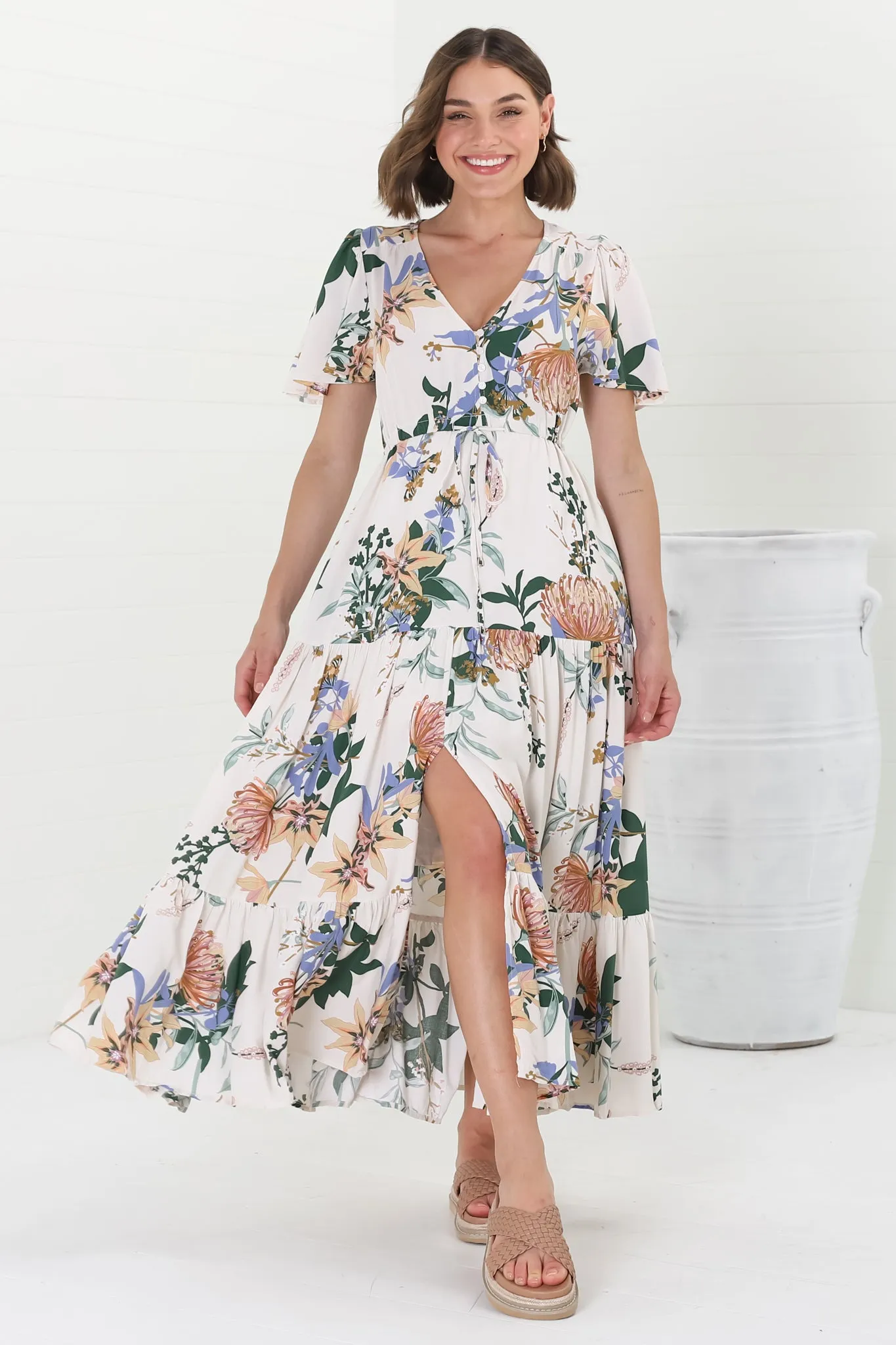 Adhira Maxi Dress - Buttoned Bodice A-Line Dress with Flute Sleeves in Raven Print White sold by Salty Crush product image thumbnail 4