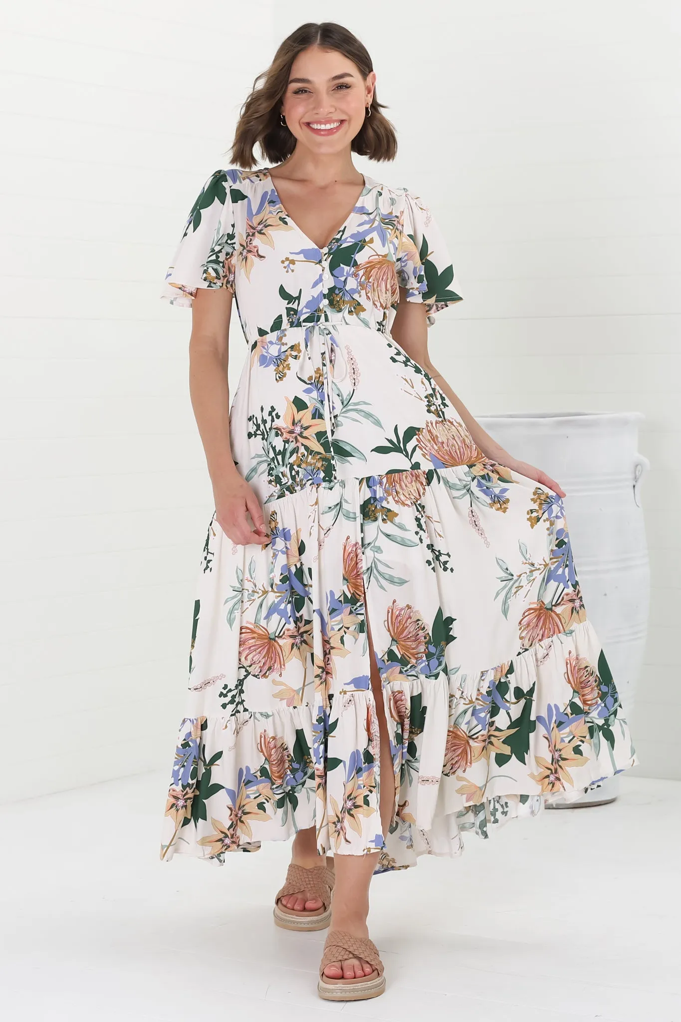 Adhira Maxi Dress - Buttoned Bodice A-Line Dress with Flute Sleeves in Raven Print White sold by Salty Crush product image thumbnail 2