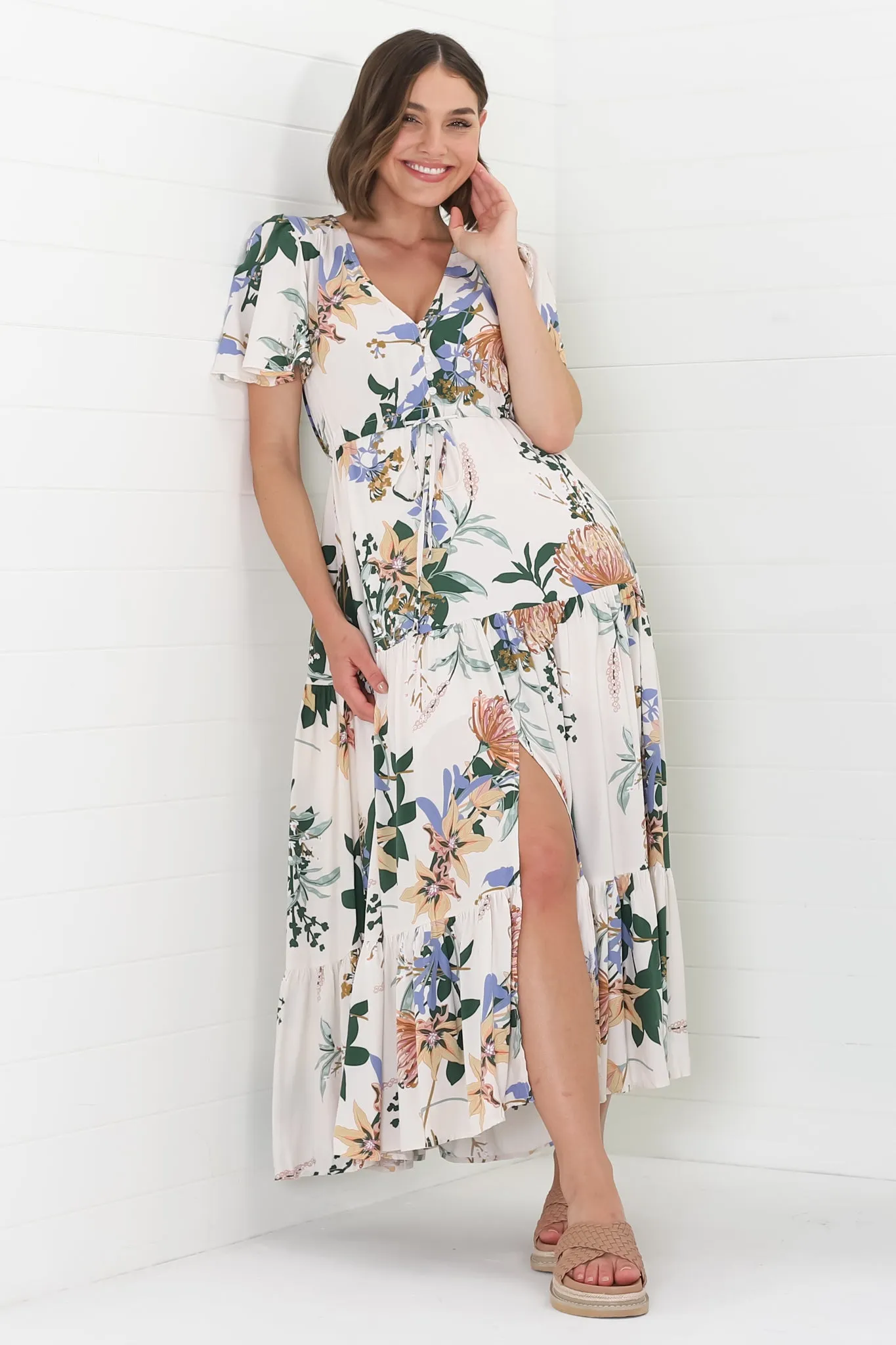 Adhira Maxi Dress - Buttoned Bodice A-Line Dress with Flute Sleeves in Raven Print White sold by Salty Crush product image thumbnail 3