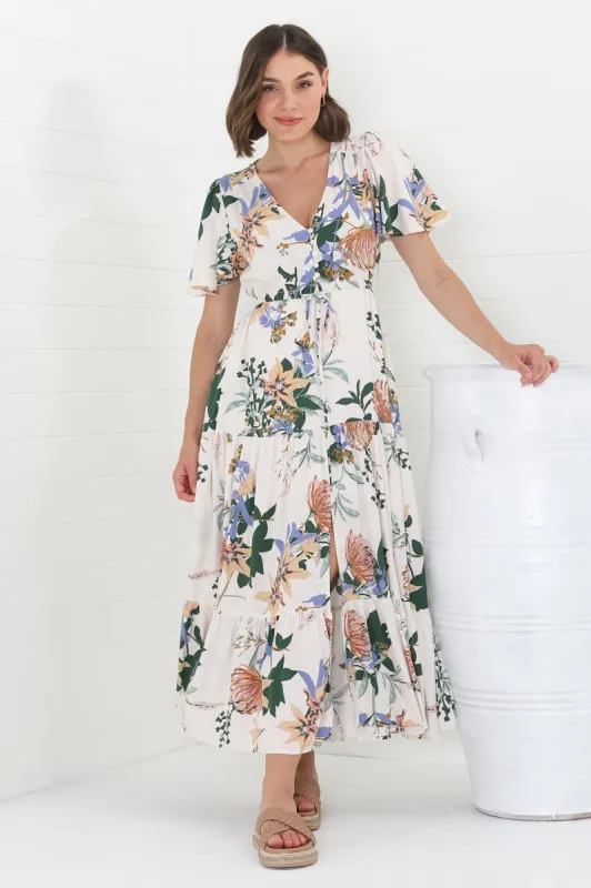Adhira Maxi Dress - Buttoned Bodice A-Line Dress with Flute Sleeves in Raven Print White sold by Salty Crush