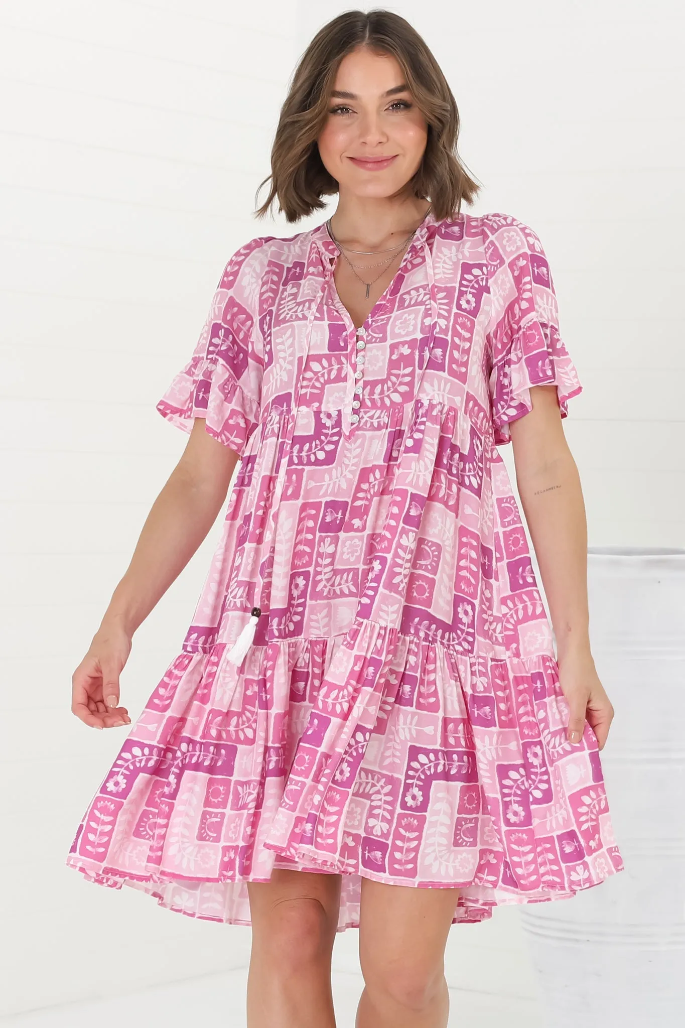 Abilia Mini Dress - Mandarin Collar Smock Dress in Hoku Print Pink sold by Salty Crush product image thumbnail 2