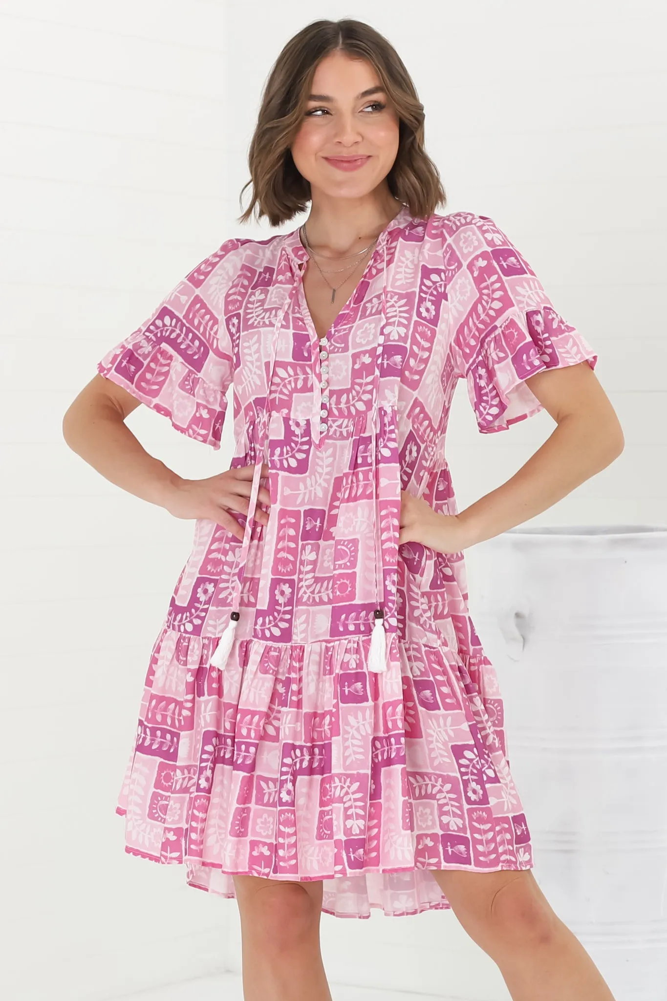 Abilia Mini Dress - Mandarin Collar Smock Dress in Hoku Print Pink sold by Salty Crush product image thumbnail 5