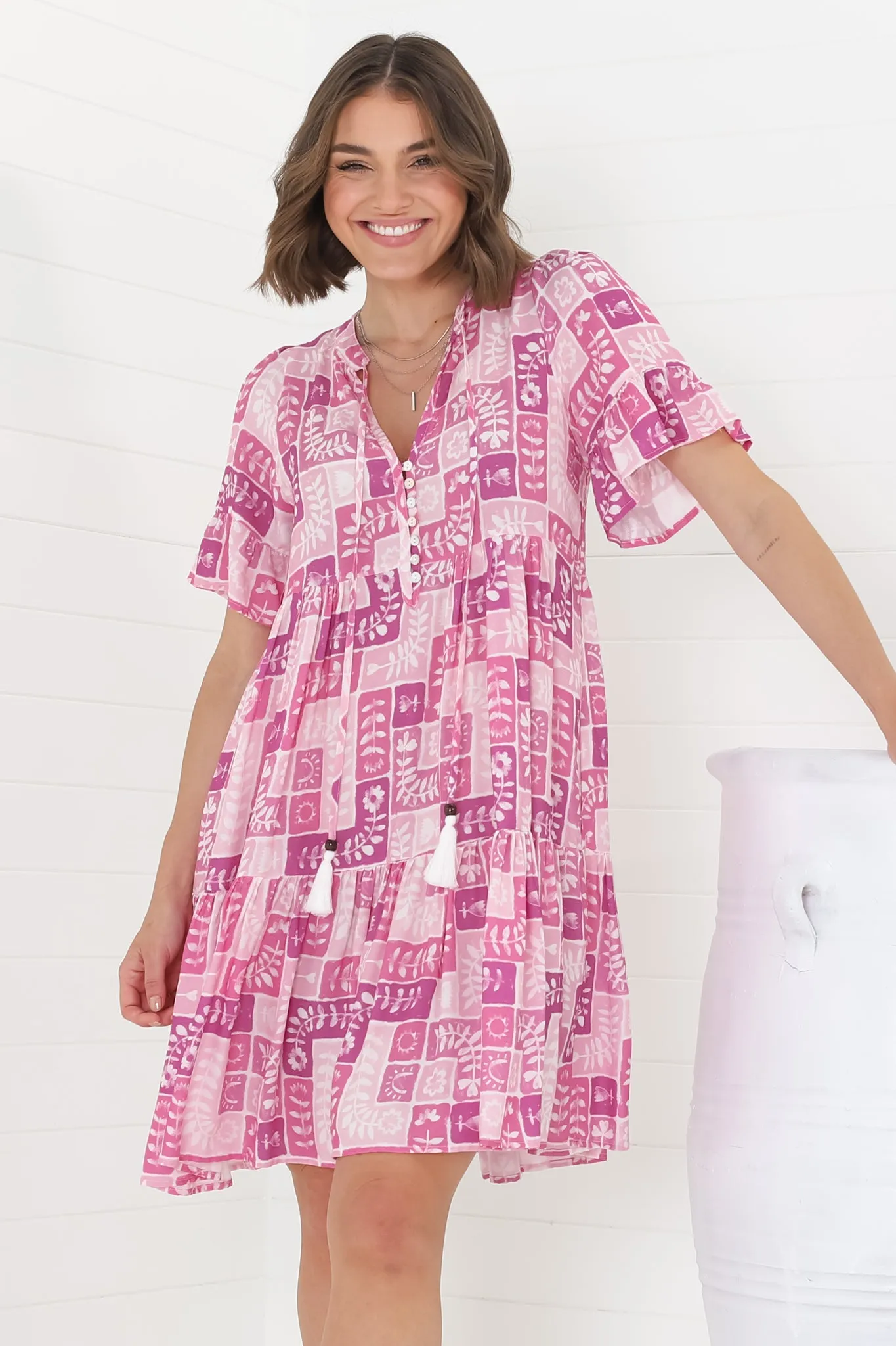 Abilia Mini Dress - Mandarin Collar Smock Dress in Hoku Print Pink sold by Salty Crush