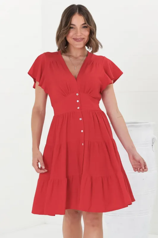 Amy Mini Dress - Frill Cap Sleeve Button Down V Neck Dress in Red sold by Salty Crush