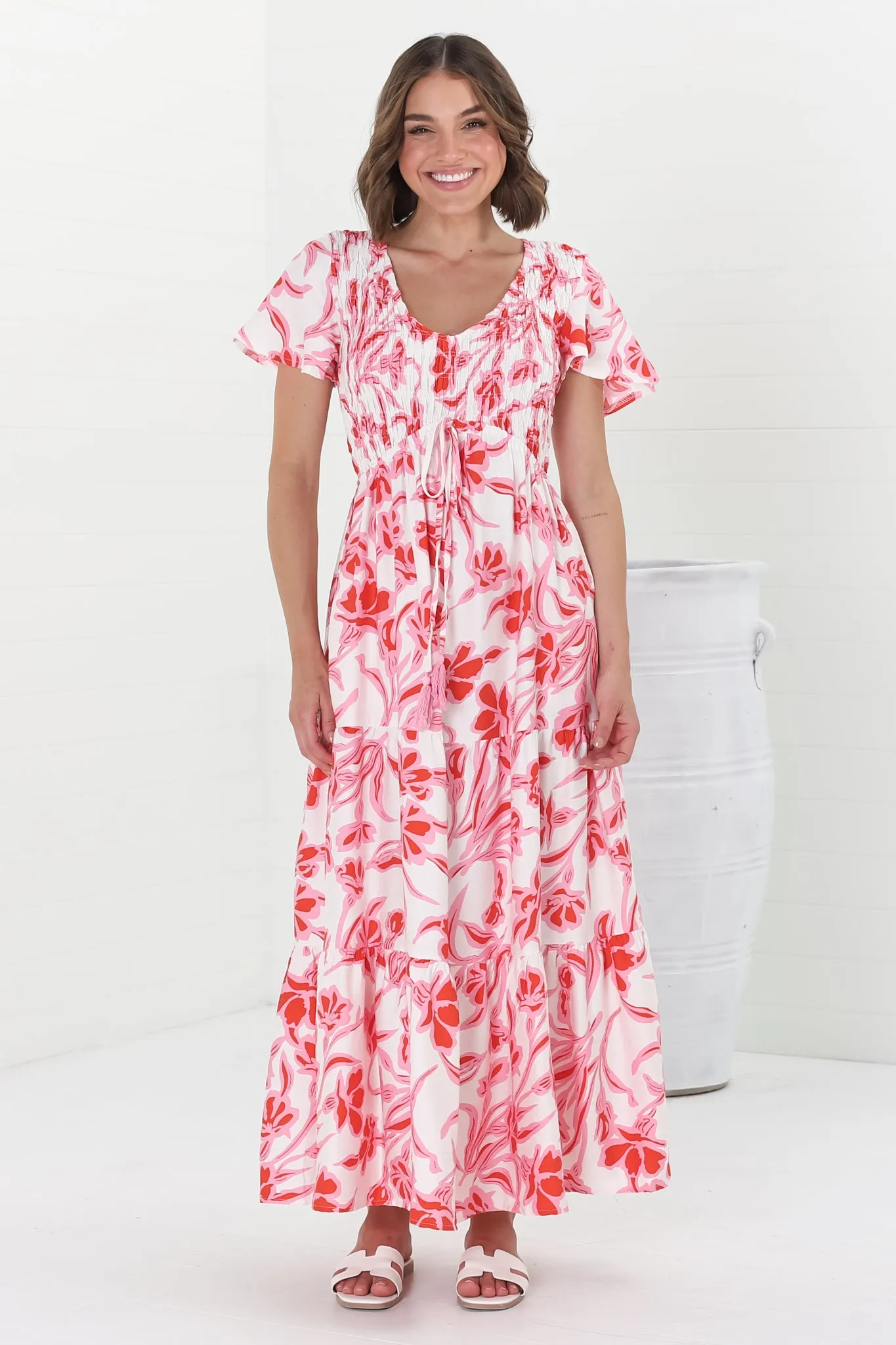 Amaya Midi Dress - Shirred Cap Sleeve A Line Dress in Braley Print Pink sold by Salty Crush product image thumbnail 4