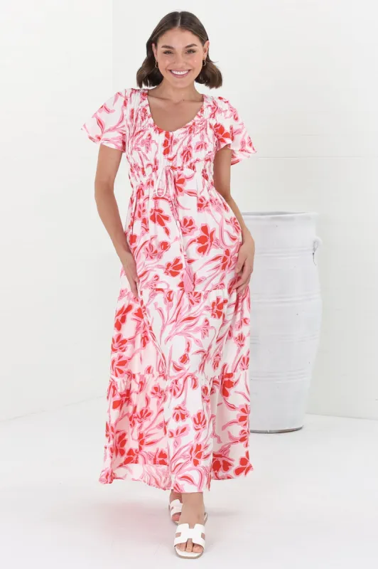 Amaya Midi Dress - Shirred Cap Sleeve A Line Dress in Braley Print Pink sold by Salty Crush
