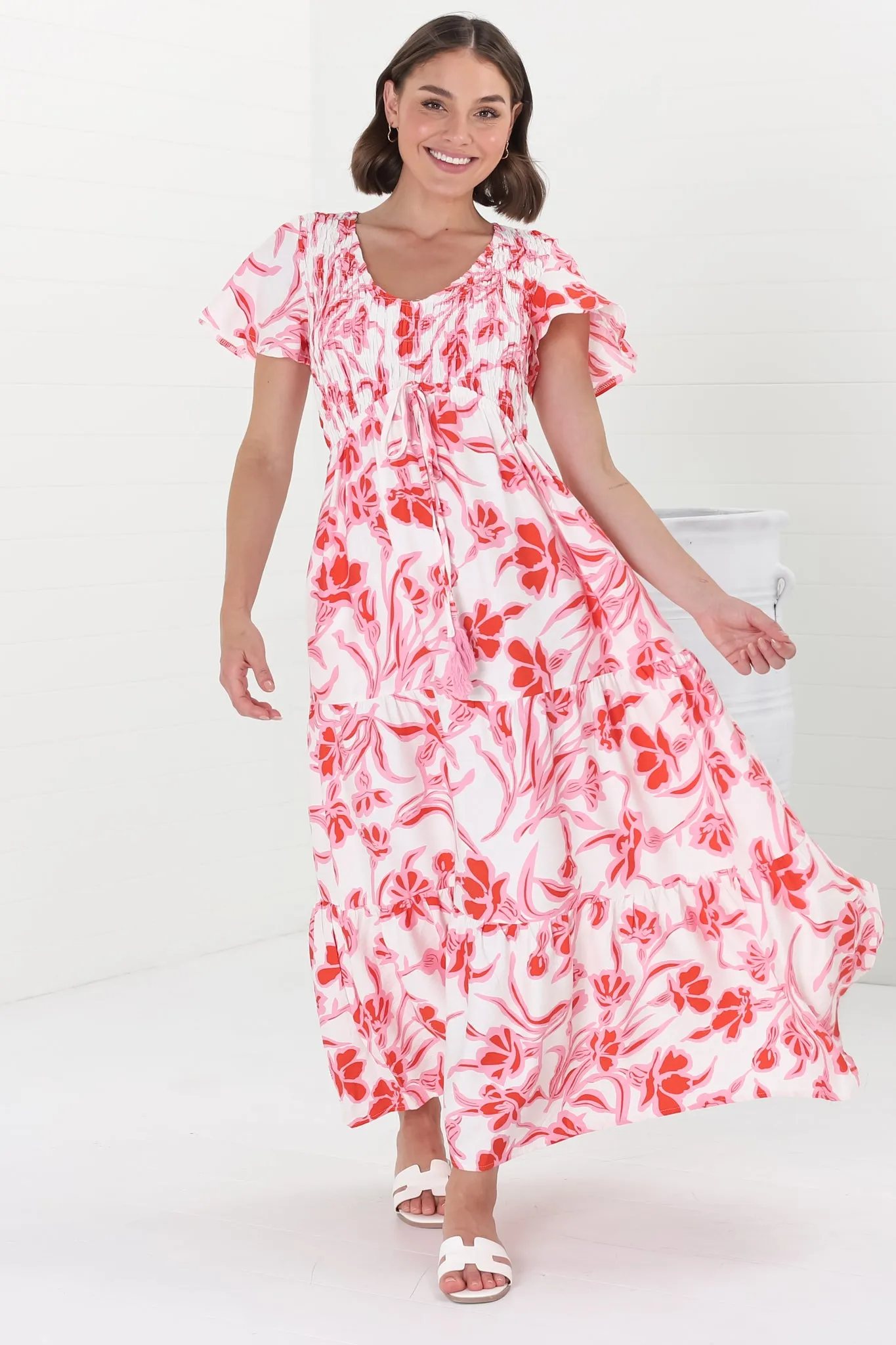 Amaya Midi Dress - Shirred Cap Sleeve A Line Dress in Braley Print Pink sold by Salty Crush product image thumbnail 3