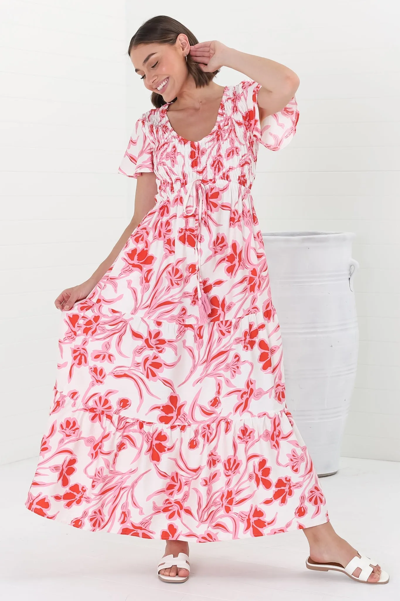 Amaya Midi Dress - Shirred Cap Sleeve A Line Dress in Braley Print Pink sold by Salty Crush product image thumbnail 5