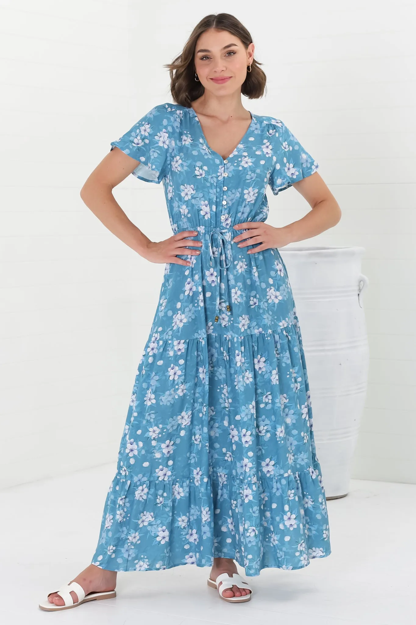 Hanna Maxi Dress - Cap Sleeve Tiered A Line Dress with Toggle Detailed Waist Tie in Ishaka Print Blue sold by Salty Crush product image thumbnail 5