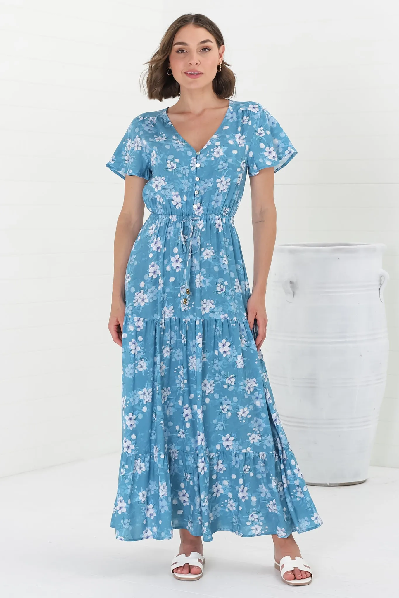 Hanna Maxi Dress - Cap Sleeve Tiered A Line Dress with Toggle Detailed Waist Tie in Ishaka Print Blue sold by Salty Crush product image thumbnail 3