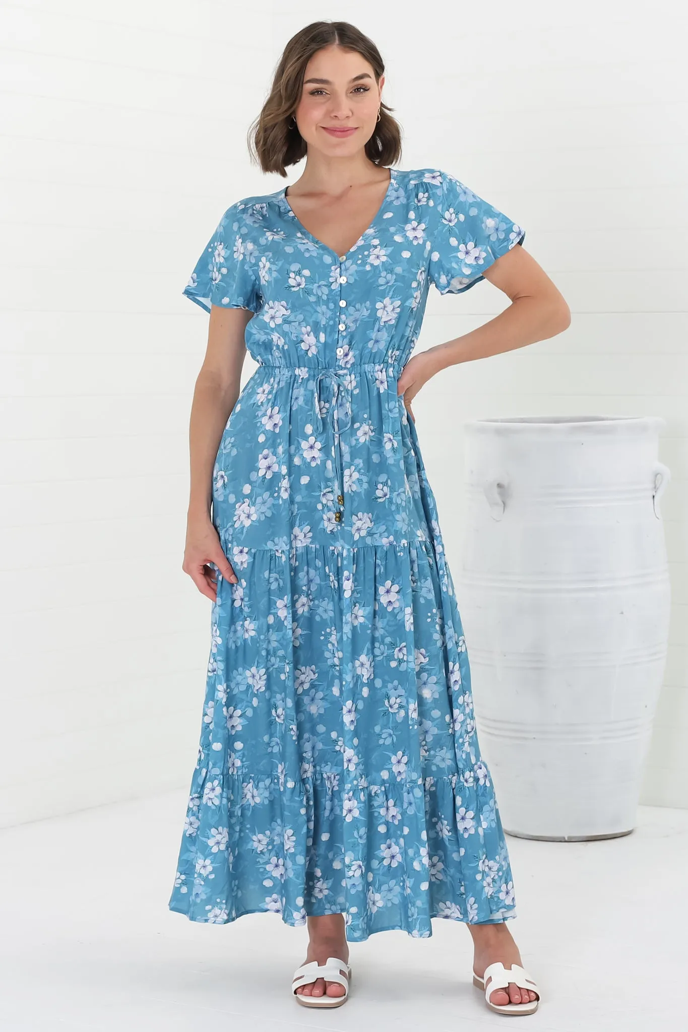 Hanna Maxi Dress - Cap Sleeve Tiered A Line Dress with Toggle Detailed Waist Tie in Ishaka Print Blue sold by Salty Crush product image thumbnail 4