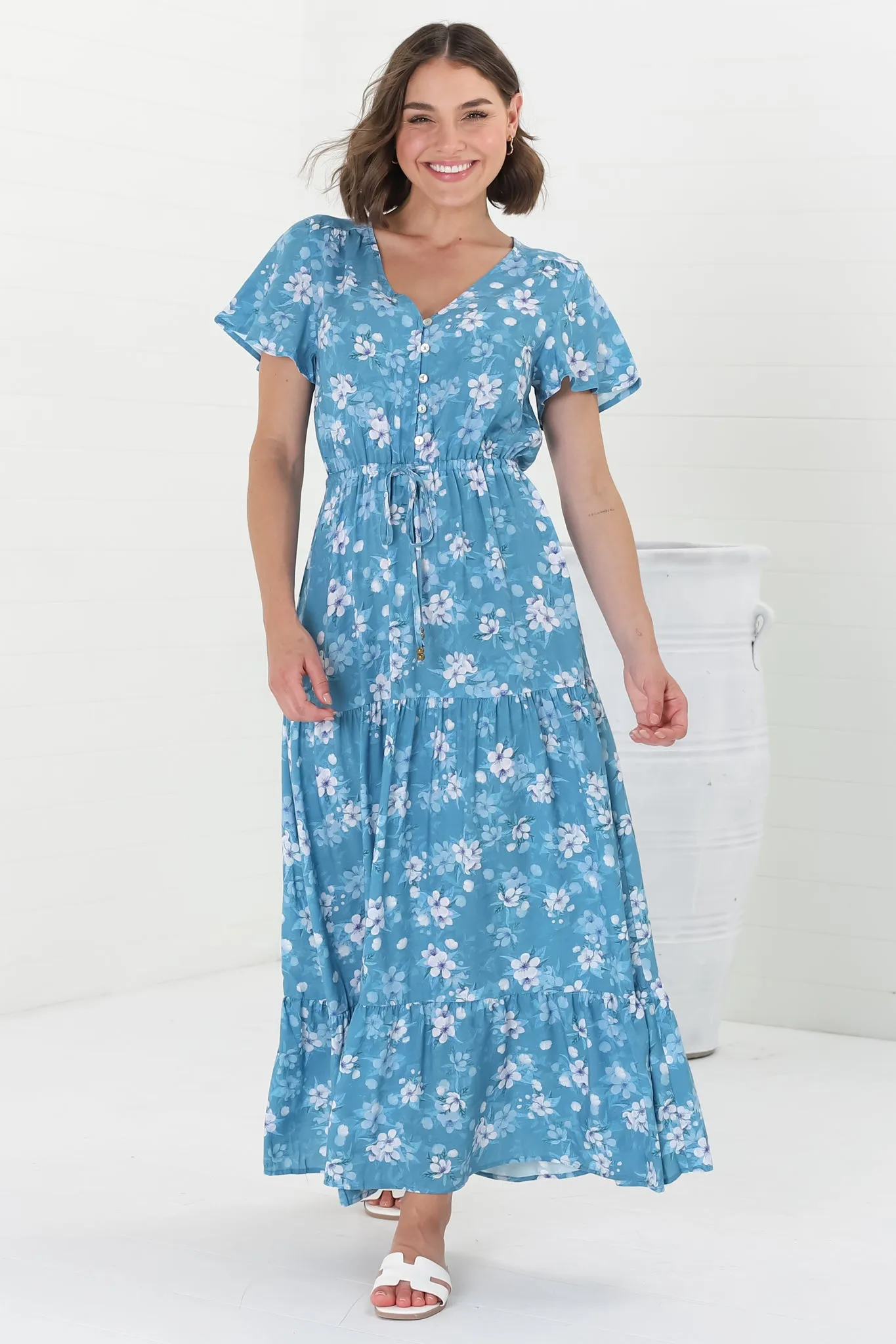Hanna Maxi Dress - Cap Sleeve Tiered A Line Dress with Toggle Detailed Waist Tie in Ishaka Print Blue sold by Salty Crush product image thumbnail 2