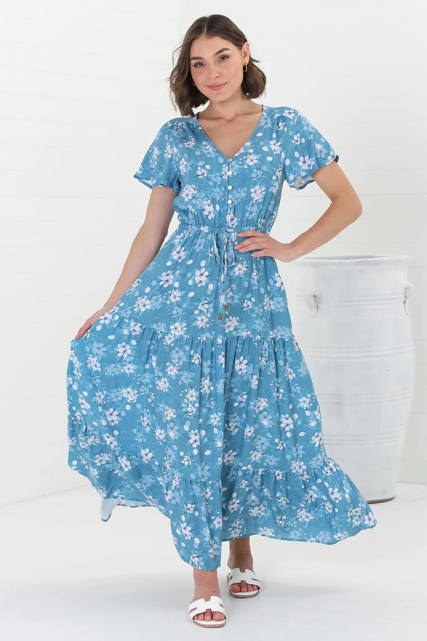 Hanna Maxi Dress - Cap Sleeve Tiered A Line Dress with Toggle Detailed Waist Tie in Ishaka Print Blue sold by Salty Crush