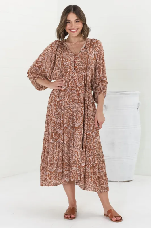 Kamali Midi Dress - Batwing Sleeve Smock Dress with Lace Detailing in Khalid Print Rust sold by Salty Crush