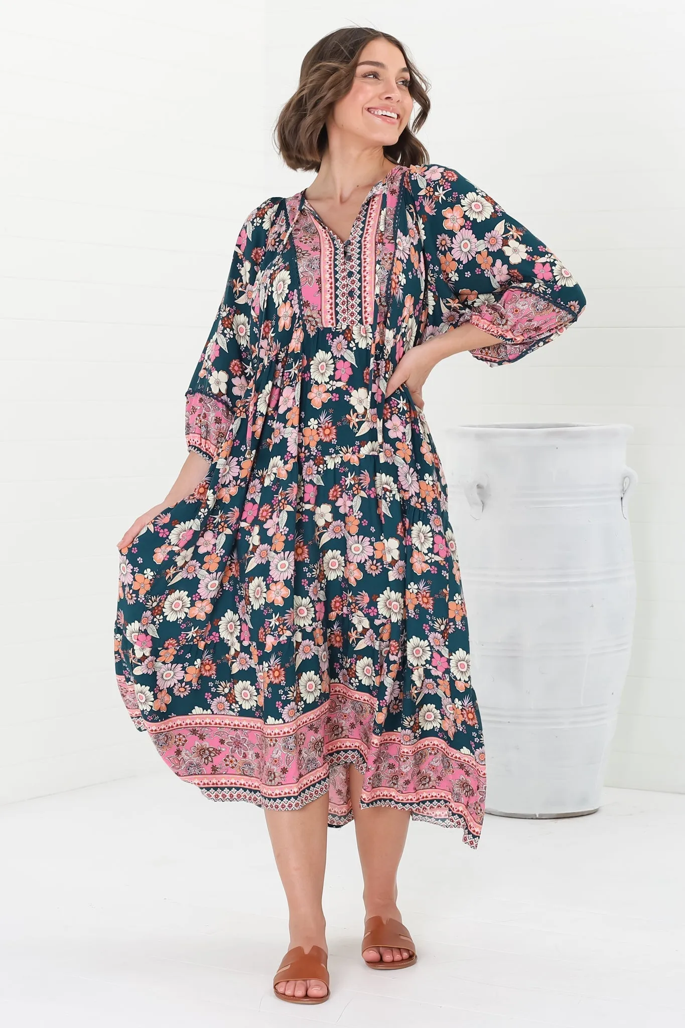 Kamali Midi Dress - Batwing Sleeve Smock Dress with Lace Detailing in Odila Print sold by Salty Crush product image thumbnail 5