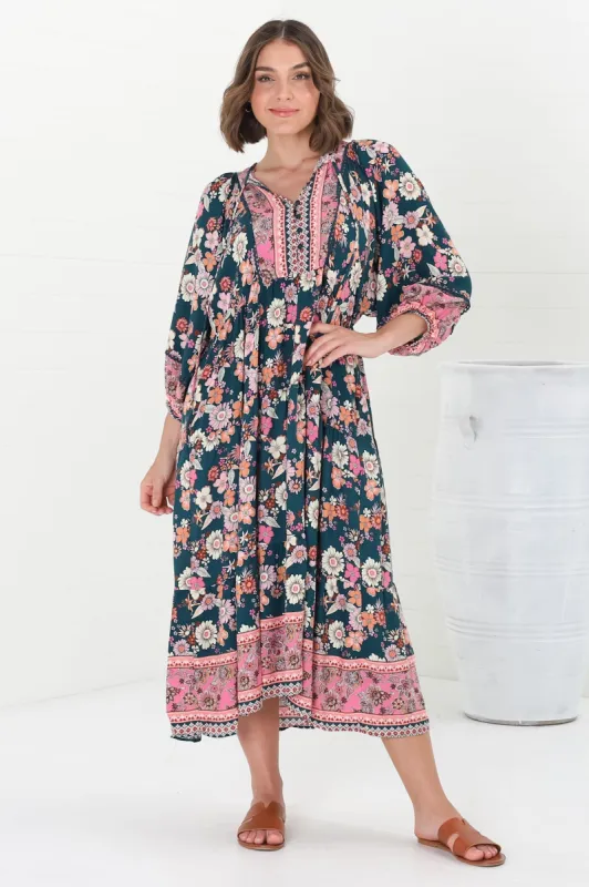 Kamali Midi Dress - Batwing Sleeve Smock Dress with Lace Detailing in Odila Print sold by Salty Crush