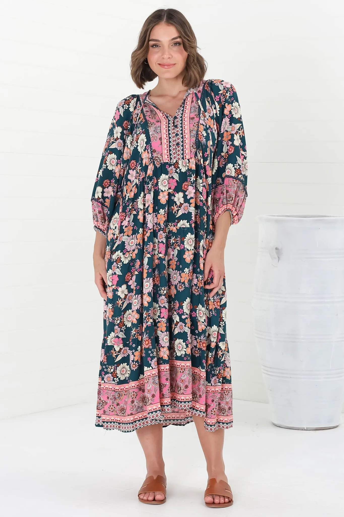 Kamali Midi Dress - Batwing Sleeve Smock Dress with Lace Detailing in Odila Print sold by Salty Crush product image thumbnail 4